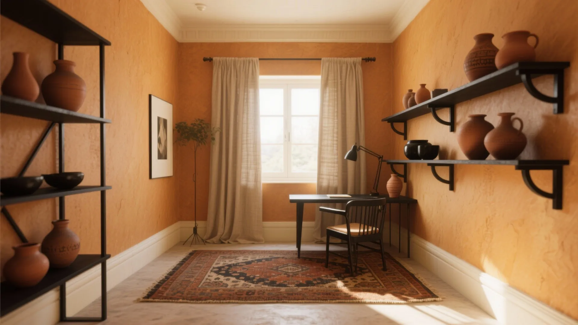 Orange room with black desk chair patterned rug wooden shelves holding pottery window and curtain
