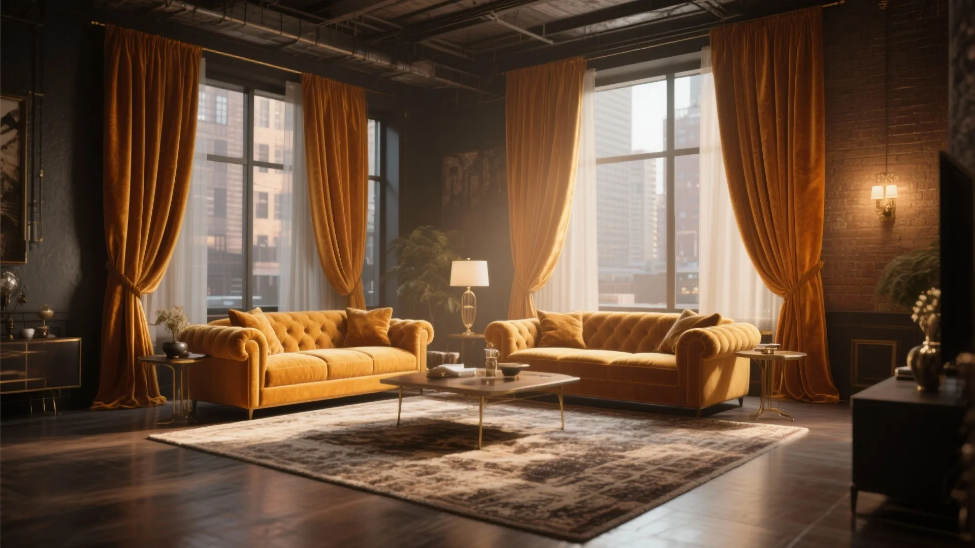 Industrial style living room with velvet orange curtains two yellow sofas and a brick wall
