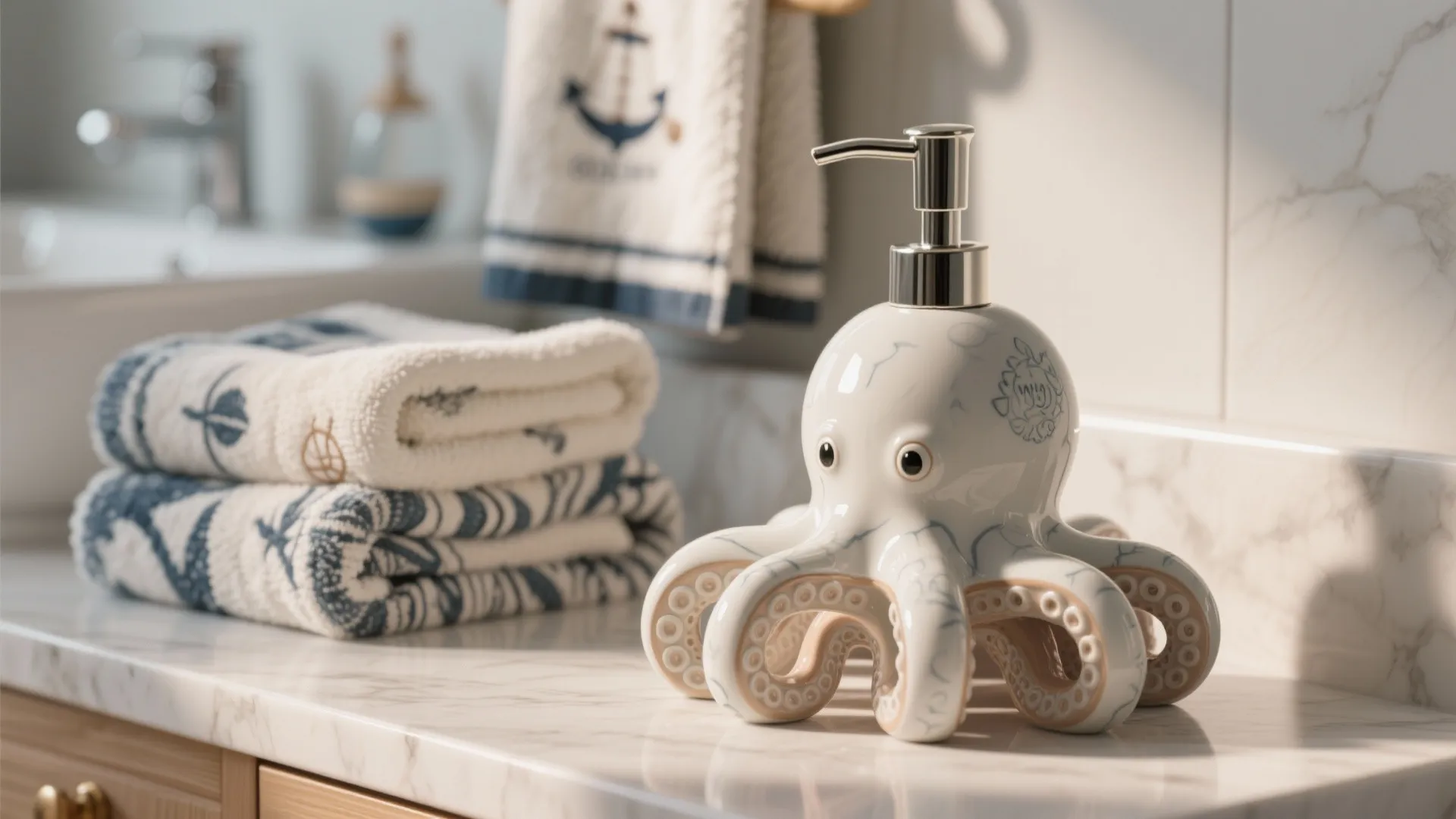 Close-up of an octopus-shaped soap dispenser with marine-pattern towels