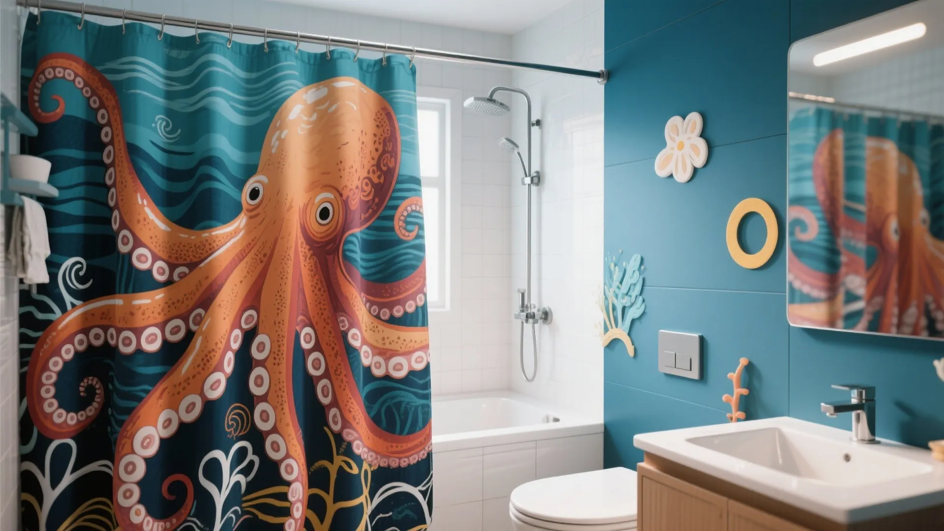 Bathroom with a bold octopus-printed shower curtain and modern fixtures