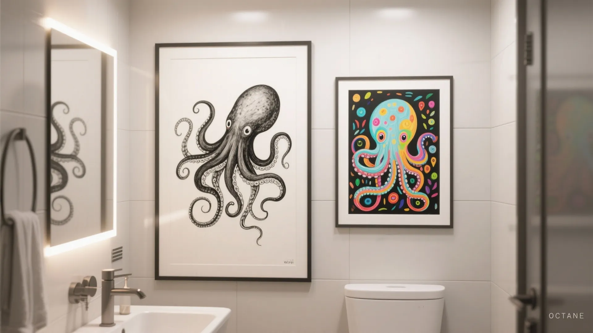 Bathroom with framed octopus prints against a neutral wall