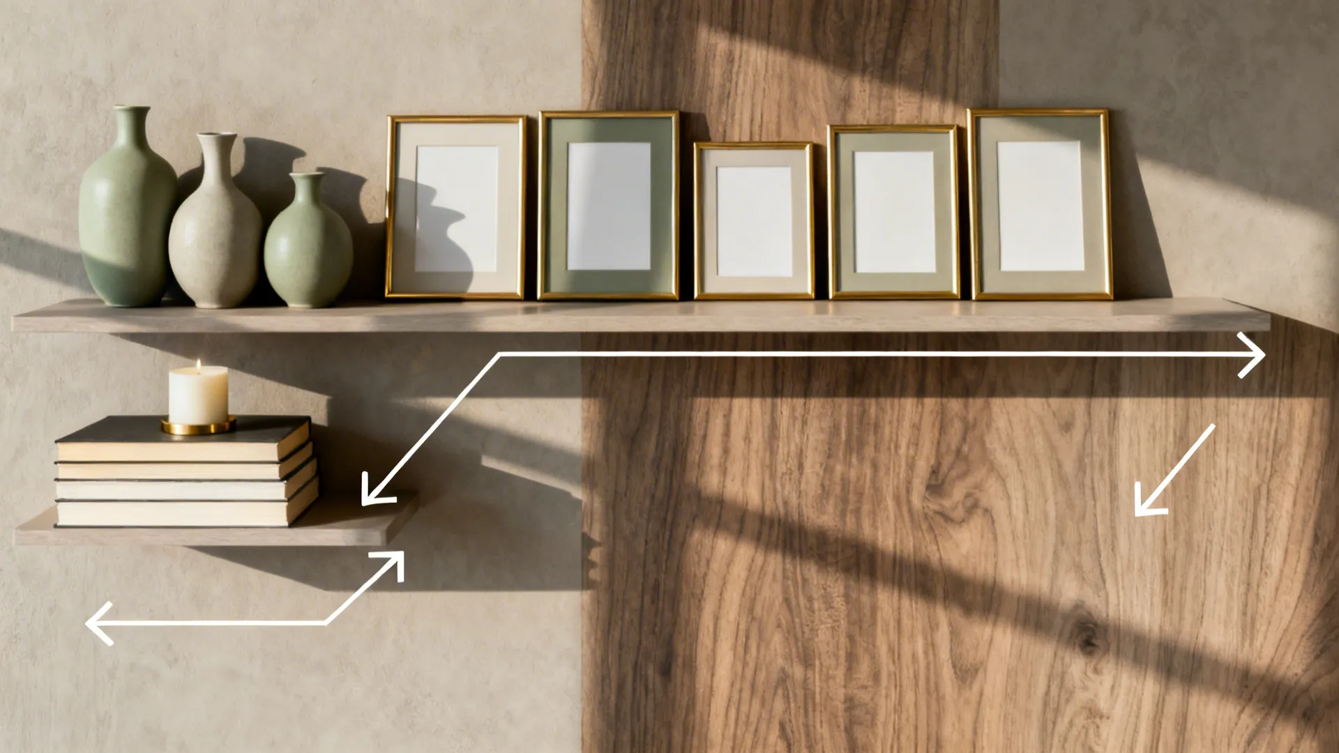 Top-down view of walnut shelf items arranged in odd-number clusters with a horizontal book stack.