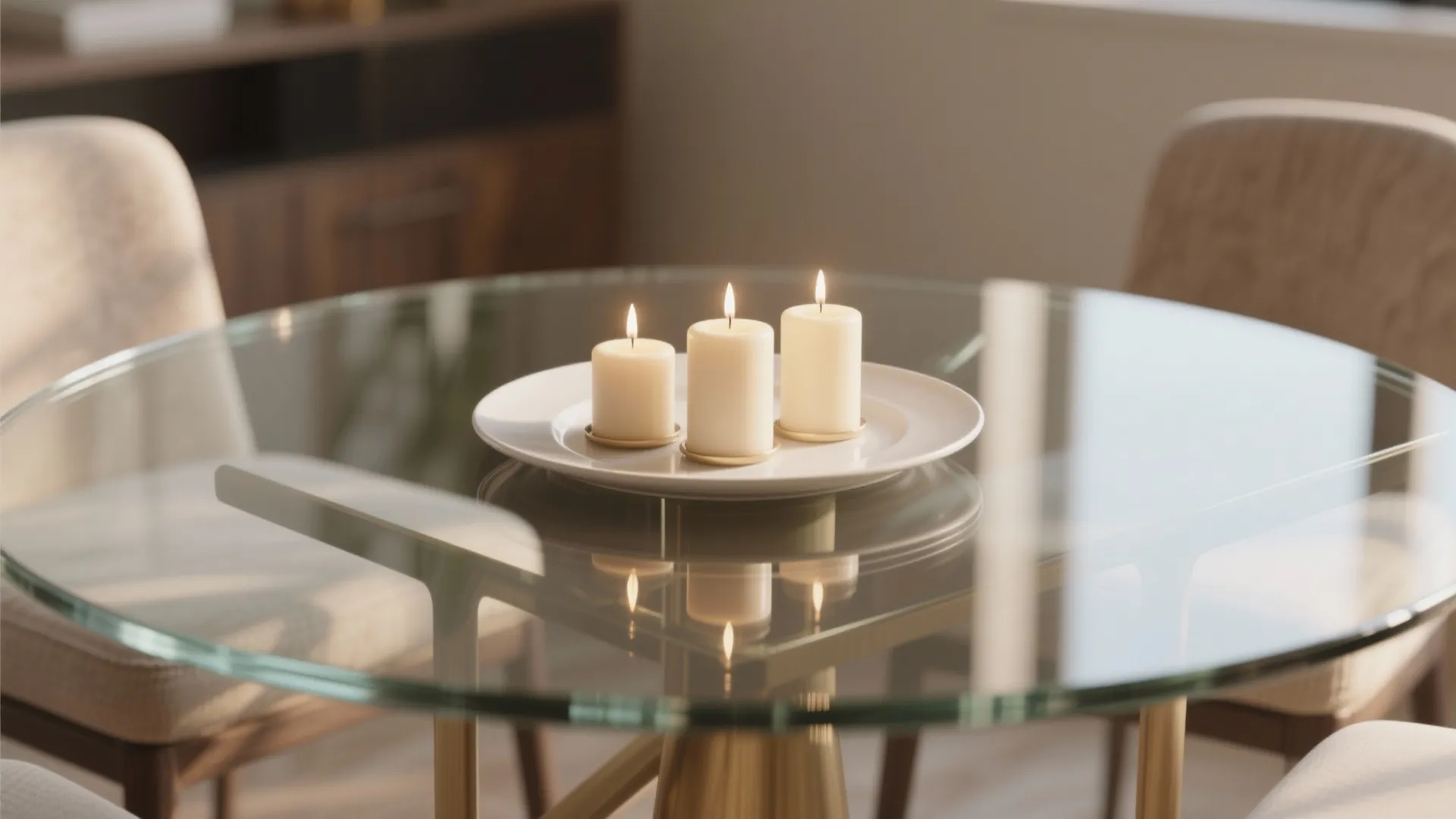 Three lit white candles on a white plate placed in center of glass dining table