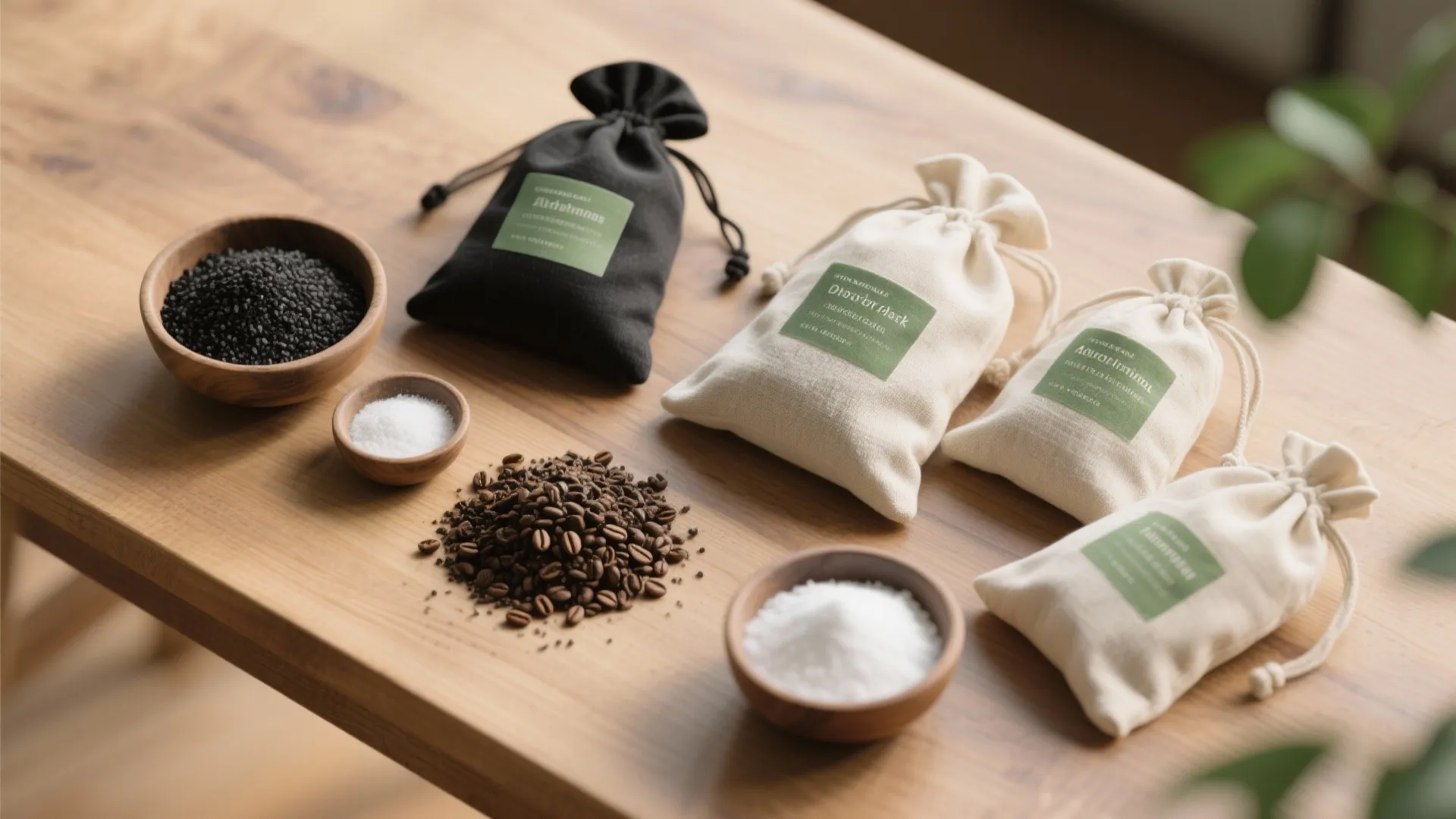 Top-down of activated charcoal bags, bowls of baking soda, and coffee grounds on a table.
