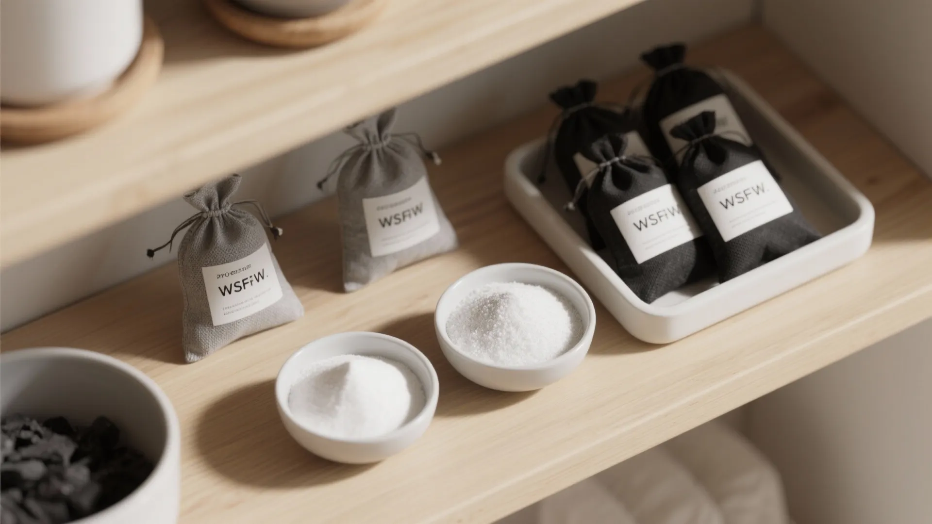 Wooden shelf holding small charcoal bags and white powder bowls for natural home odor removal