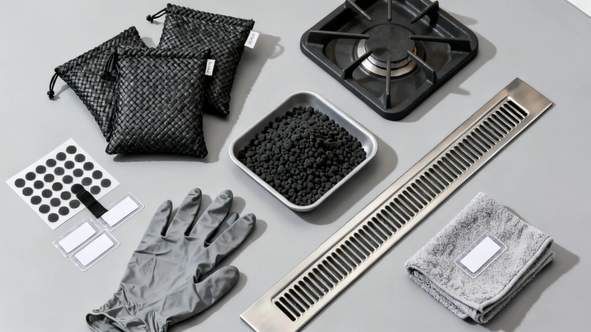 Kitchen items including charcoal bags charcoal bowl stove burner vent cover grey glove and towel