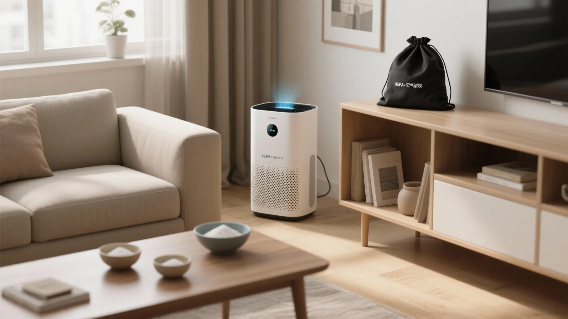 Modern white air purifier standing in a living room near a beige sofa and wooden cabinet