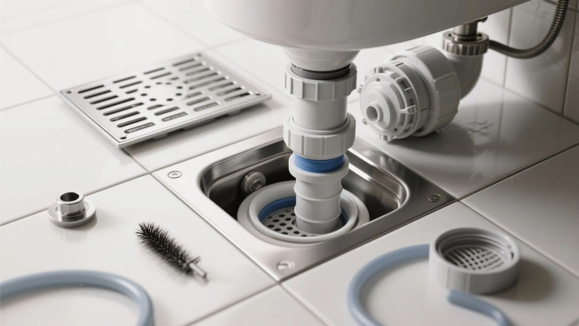 Close up of white bathroom sink drain pipe installation with tools and floor drain cover