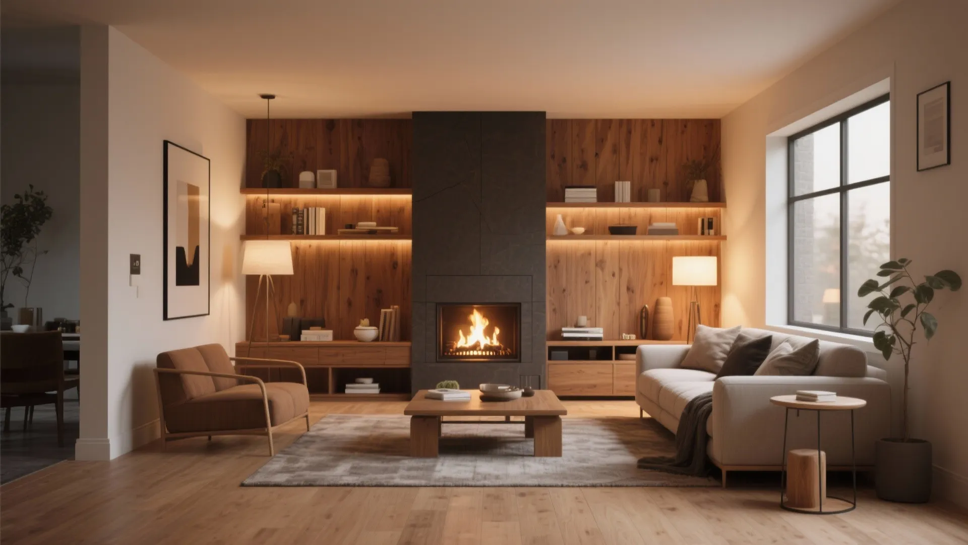 Living room with off-center fireplace as focal point