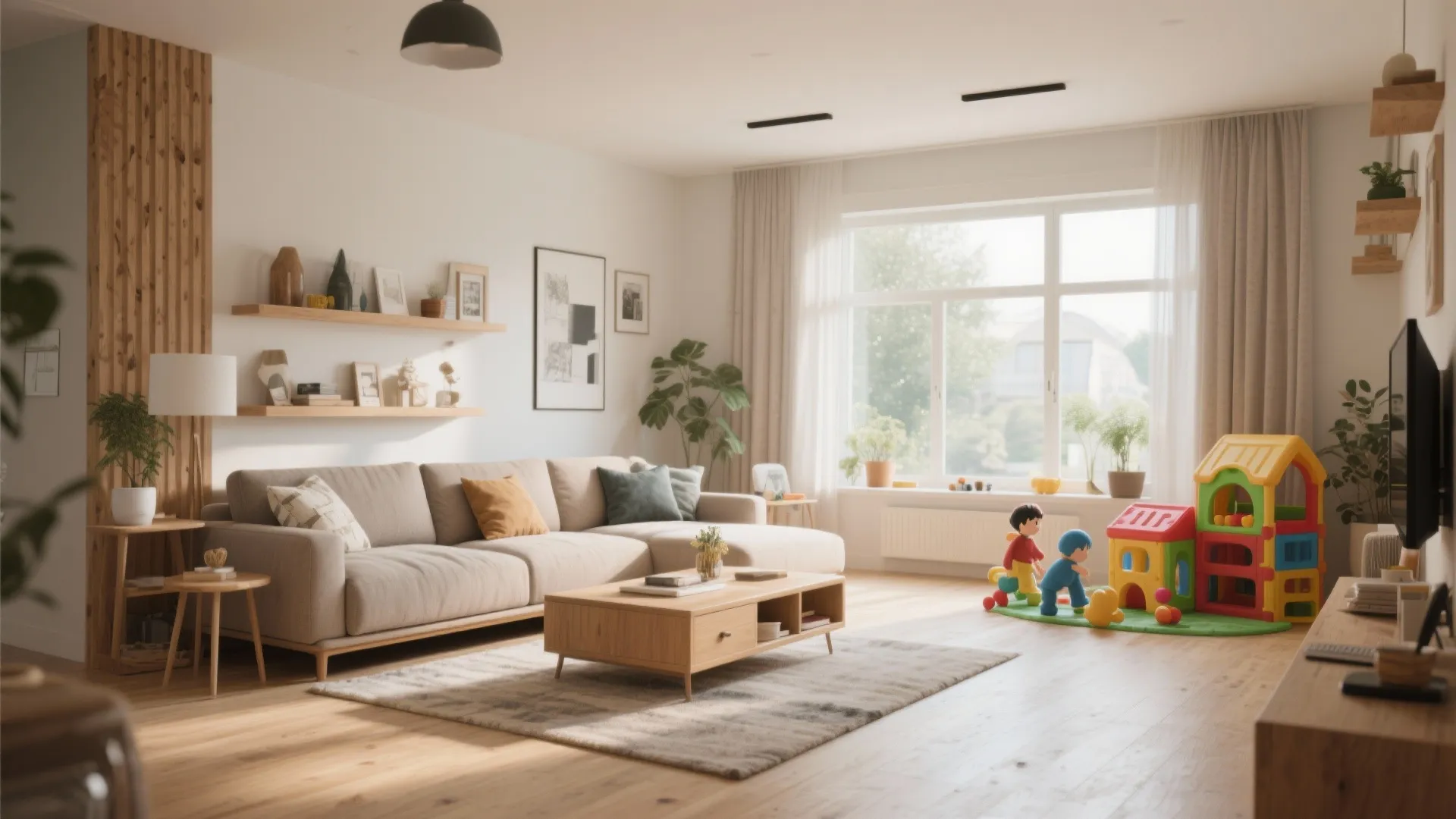 Rectangular living room with off-center sofa and play area