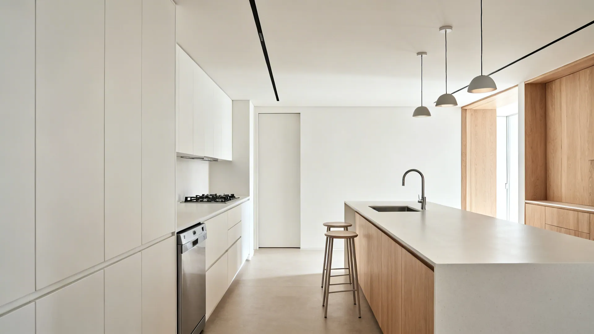 Off-center island sink creating a long prep area with the dishwasher at the short end.