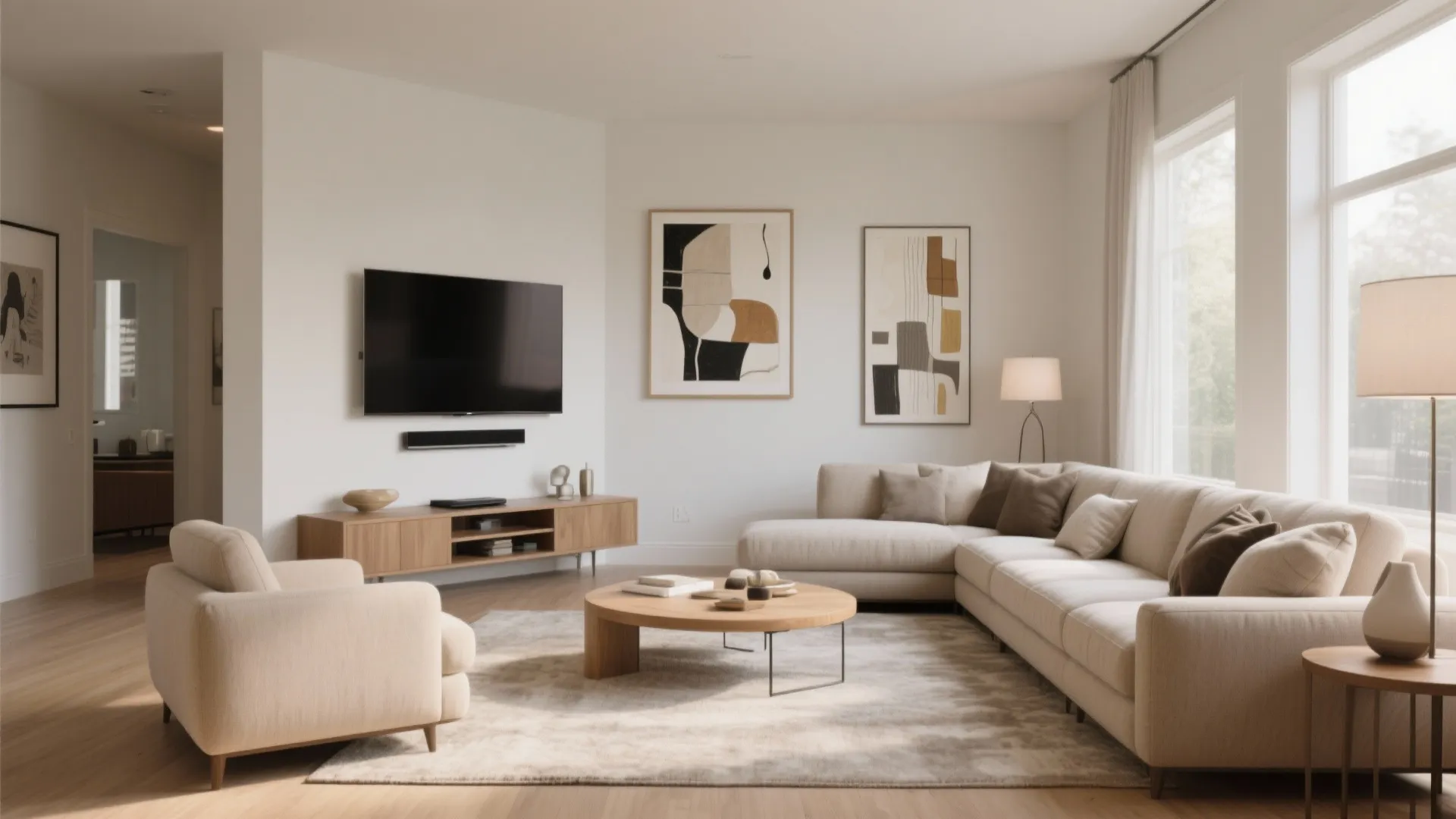Modern living room featuring a large beige sofa, wooden cabinet, wall television, and round table