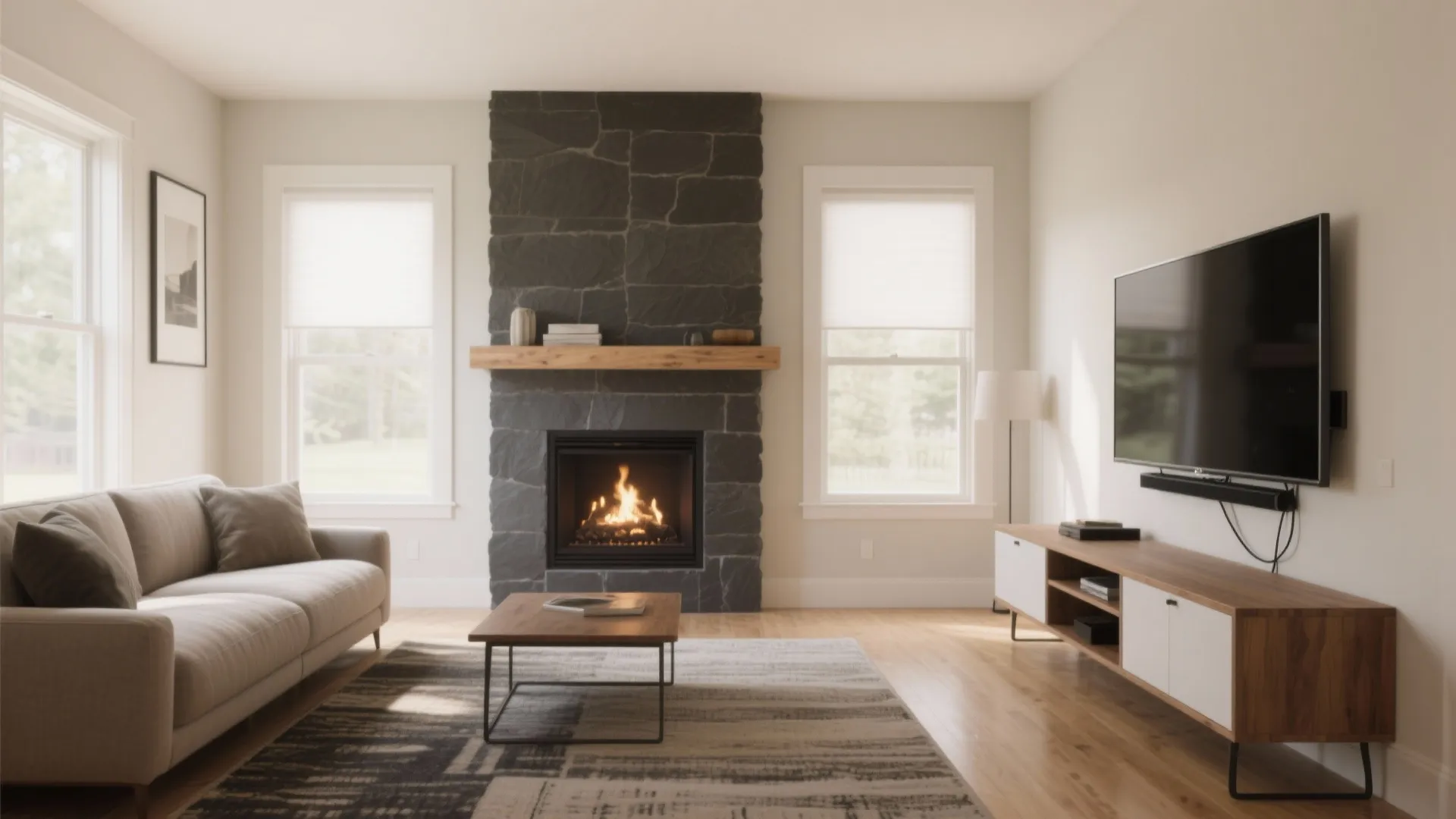 1) Off-Center Pairing: TV Adjacent, Fireplace Primary