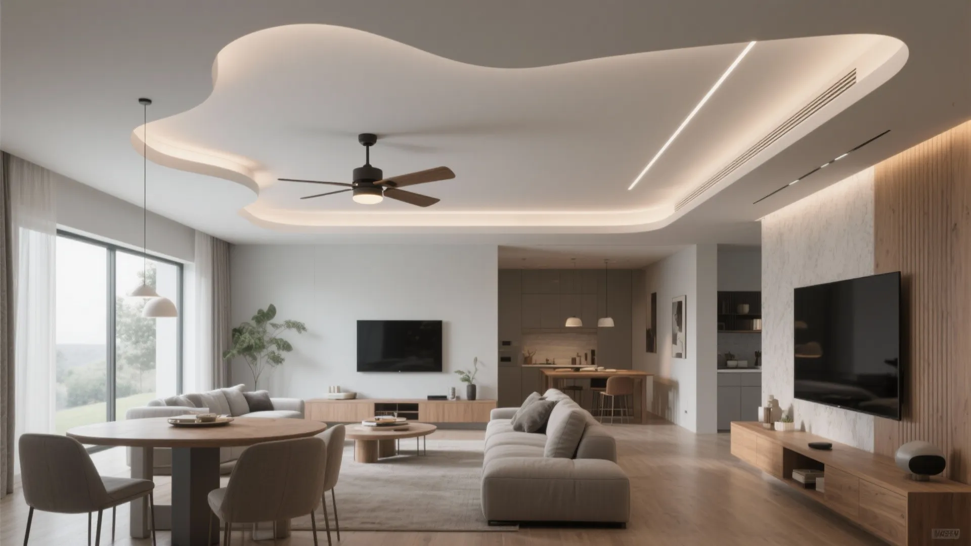 Off-Center Fan to Create Zones in Open-Plan Living