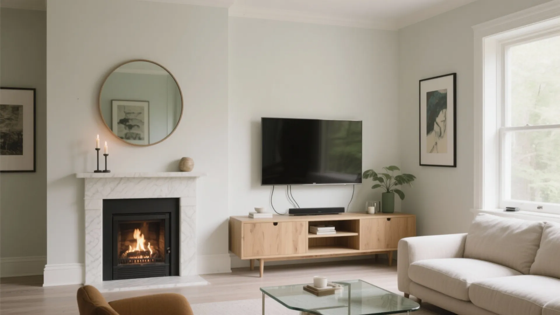 Off-center TV + mantel layering for two focal points