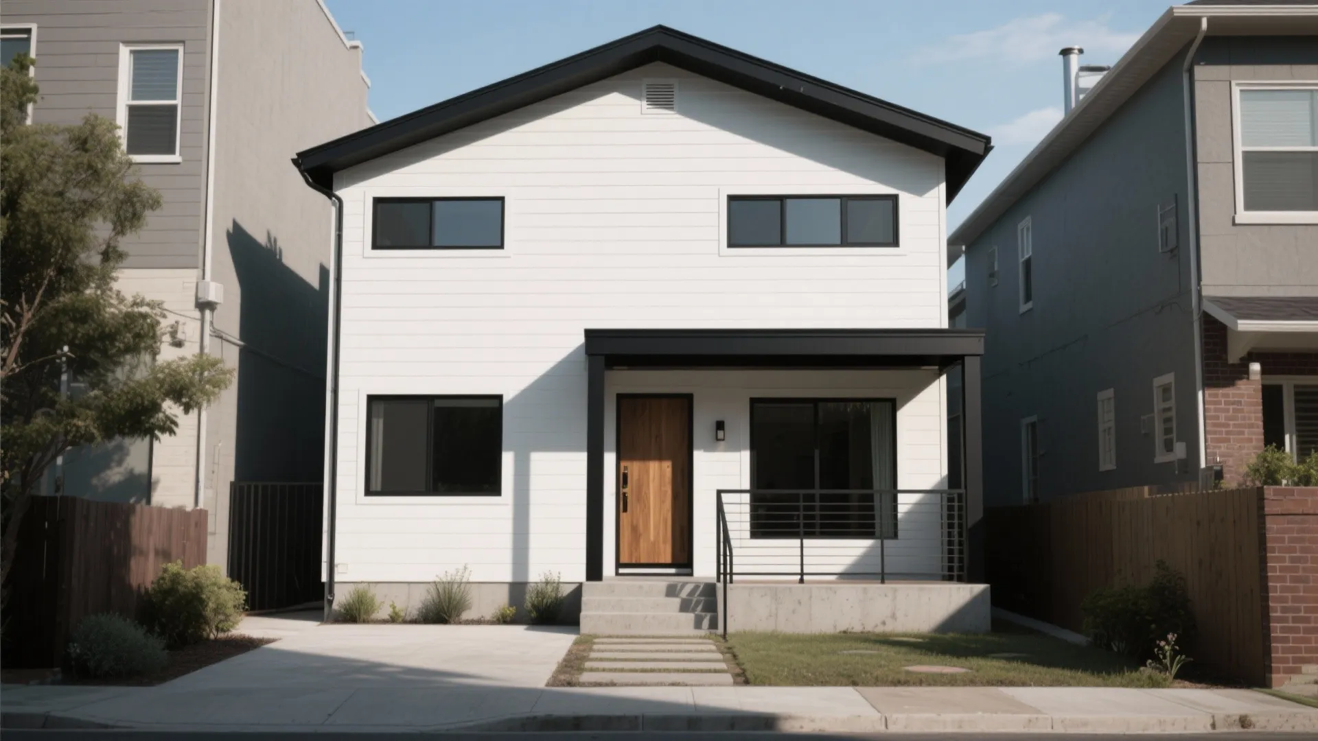 Modern white two story house with black roof wooden door glass windows and small front lawn