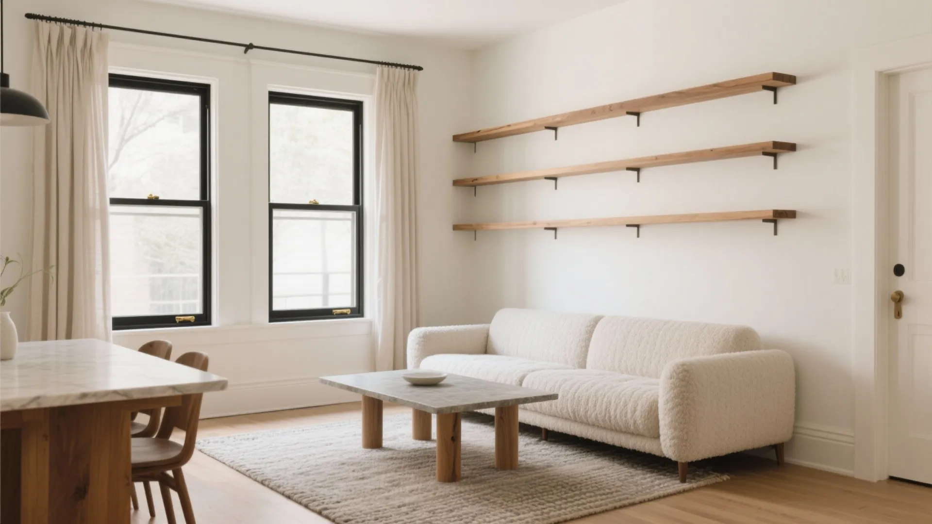 Bright living room with white sofa plus wooden wall shelves and windows with white curtains