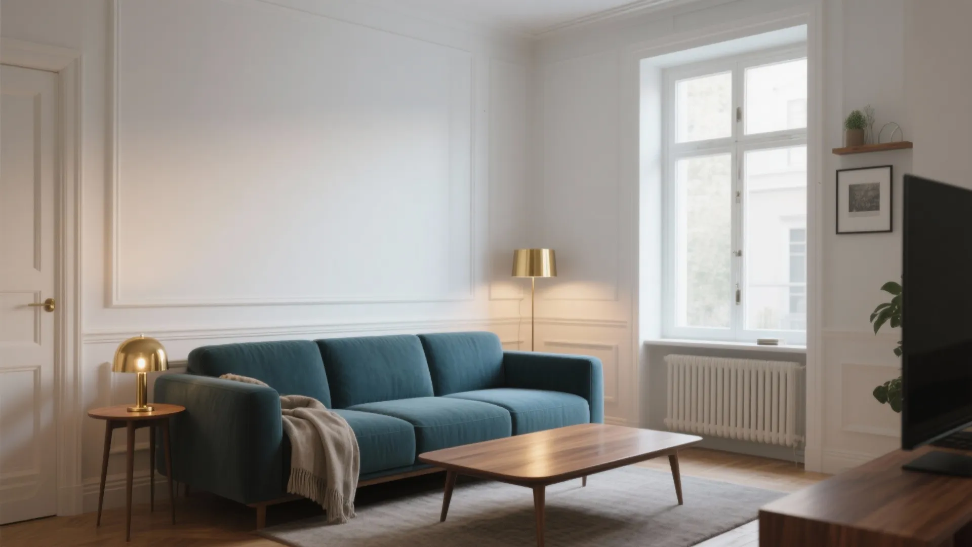 Modern living room with blue sofa wooden coffee table white wall panel and gold light