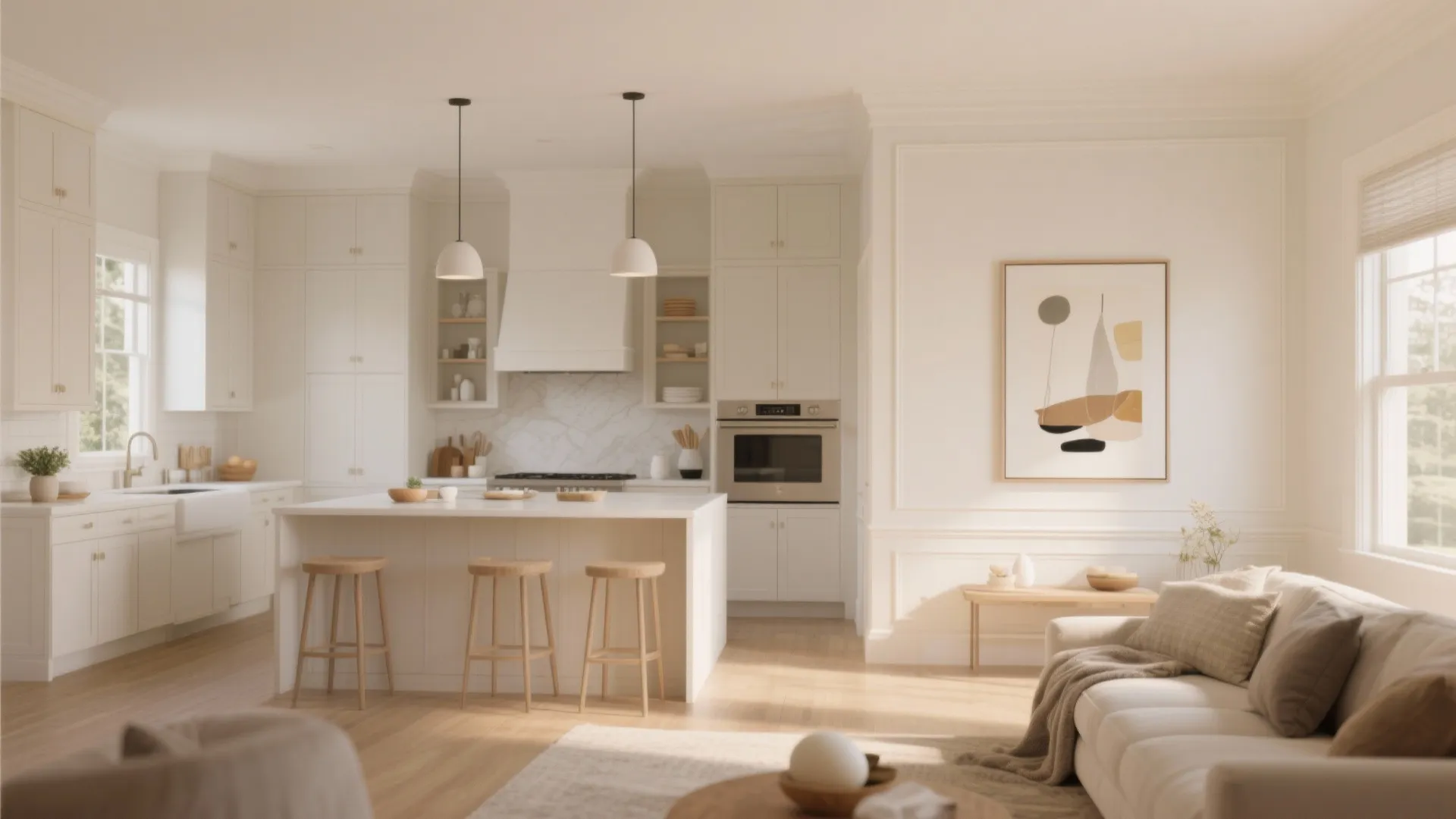 Airy kitchen and living area with warm off-white eggshell walls, contrasting trim and art for subtle depth.