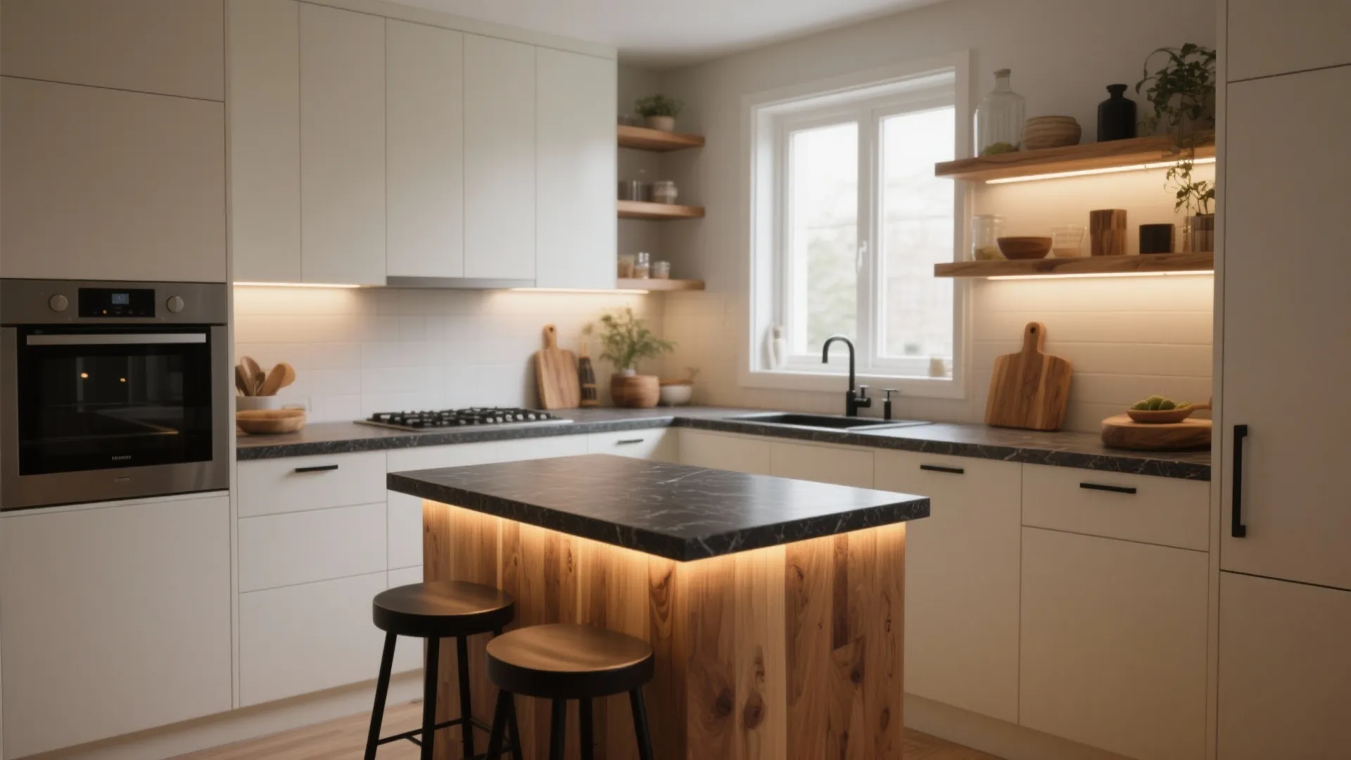 Modern off white kitchen with wood island black chairs dark countertops white cabinets and window light