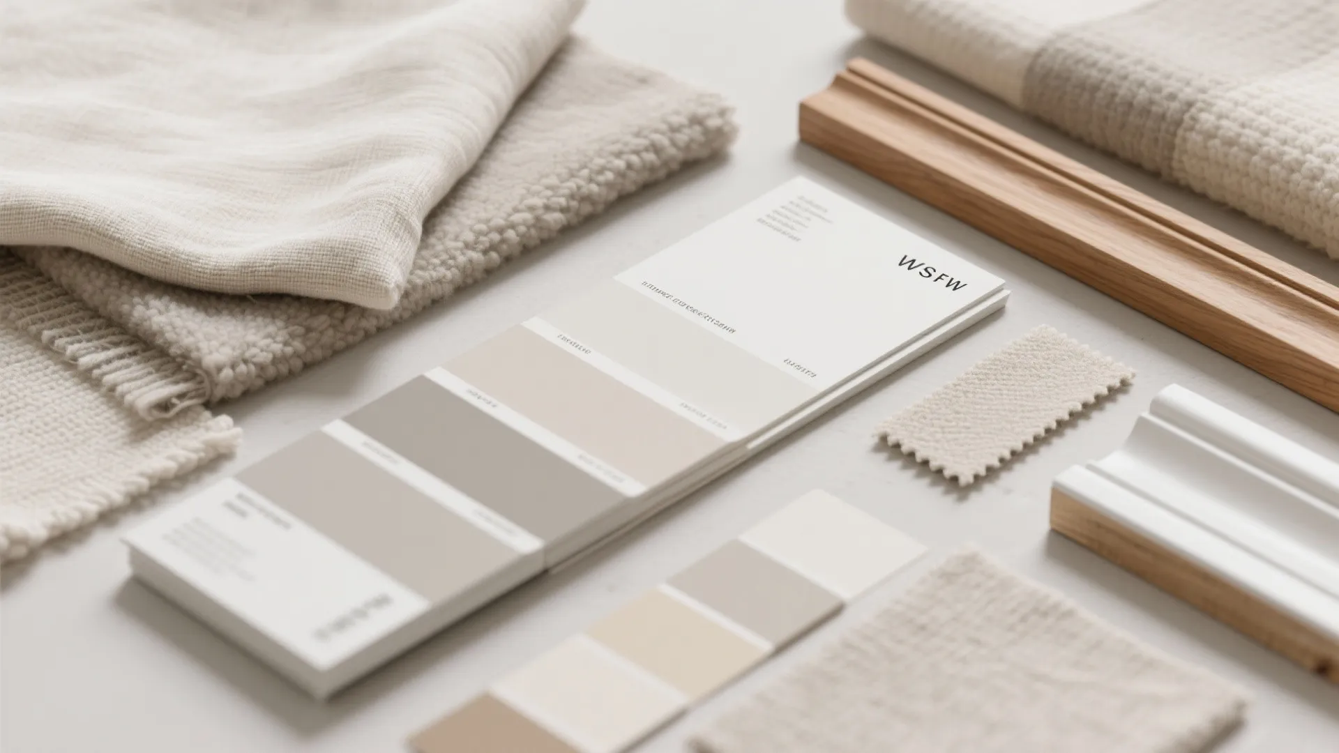 Beige fabric samples and color cards arranged with wooden trim pieces on a light surface