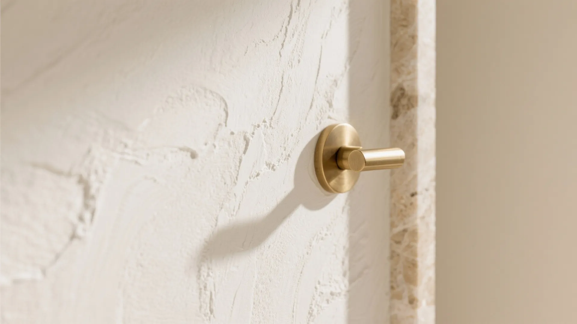 Close up of gold door handle on textured white wall with natural light and soft shadows