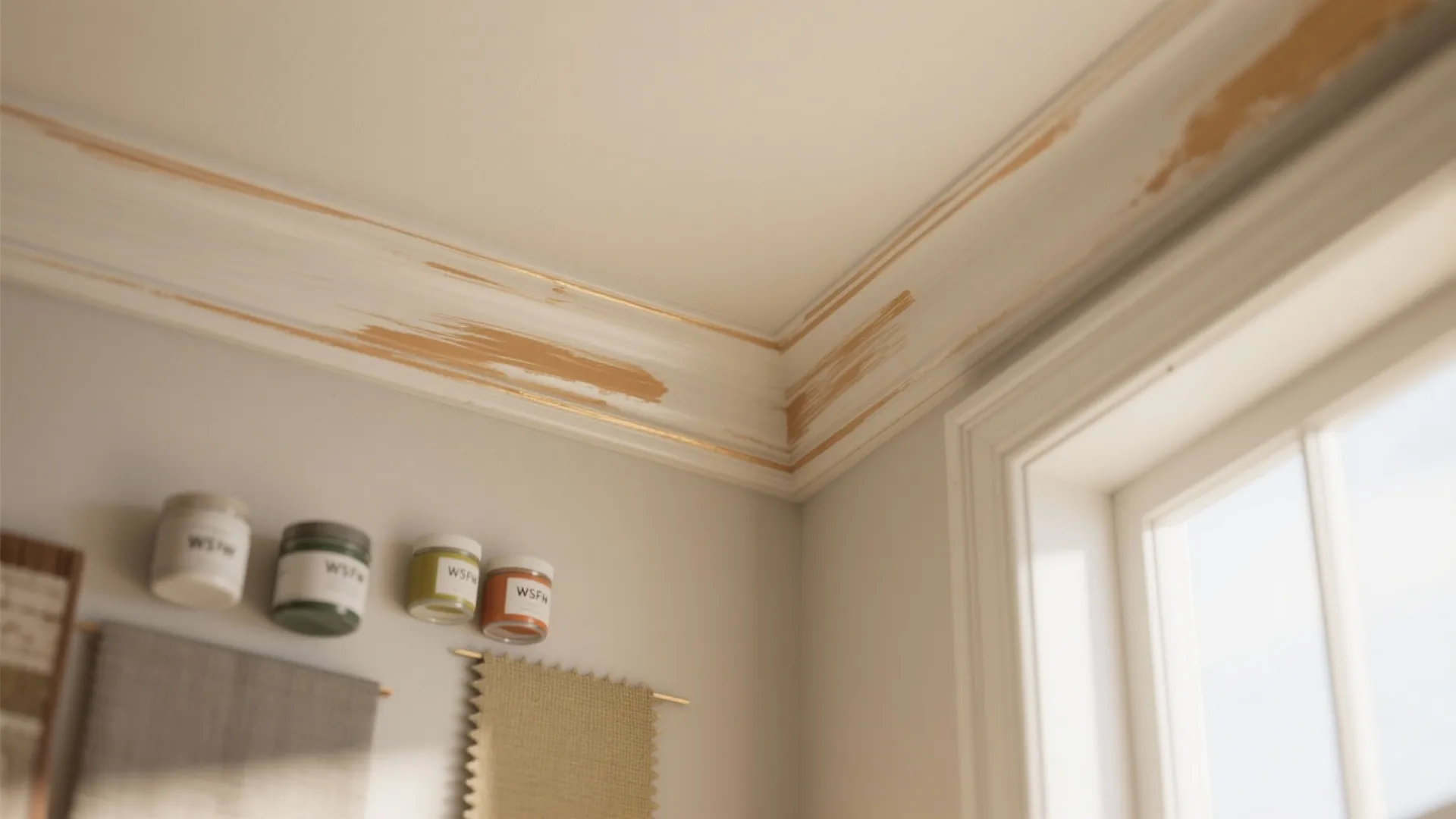 Close up of white ceiling crown molding with gold paint details near window and small jars