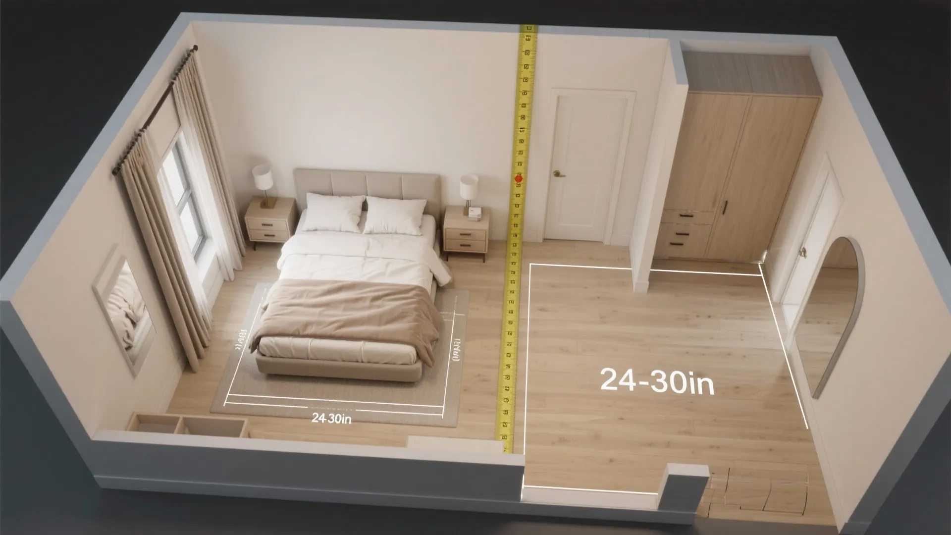 Top-down layout showing an off-center king bed and a continuous walking path with clearance measurements.