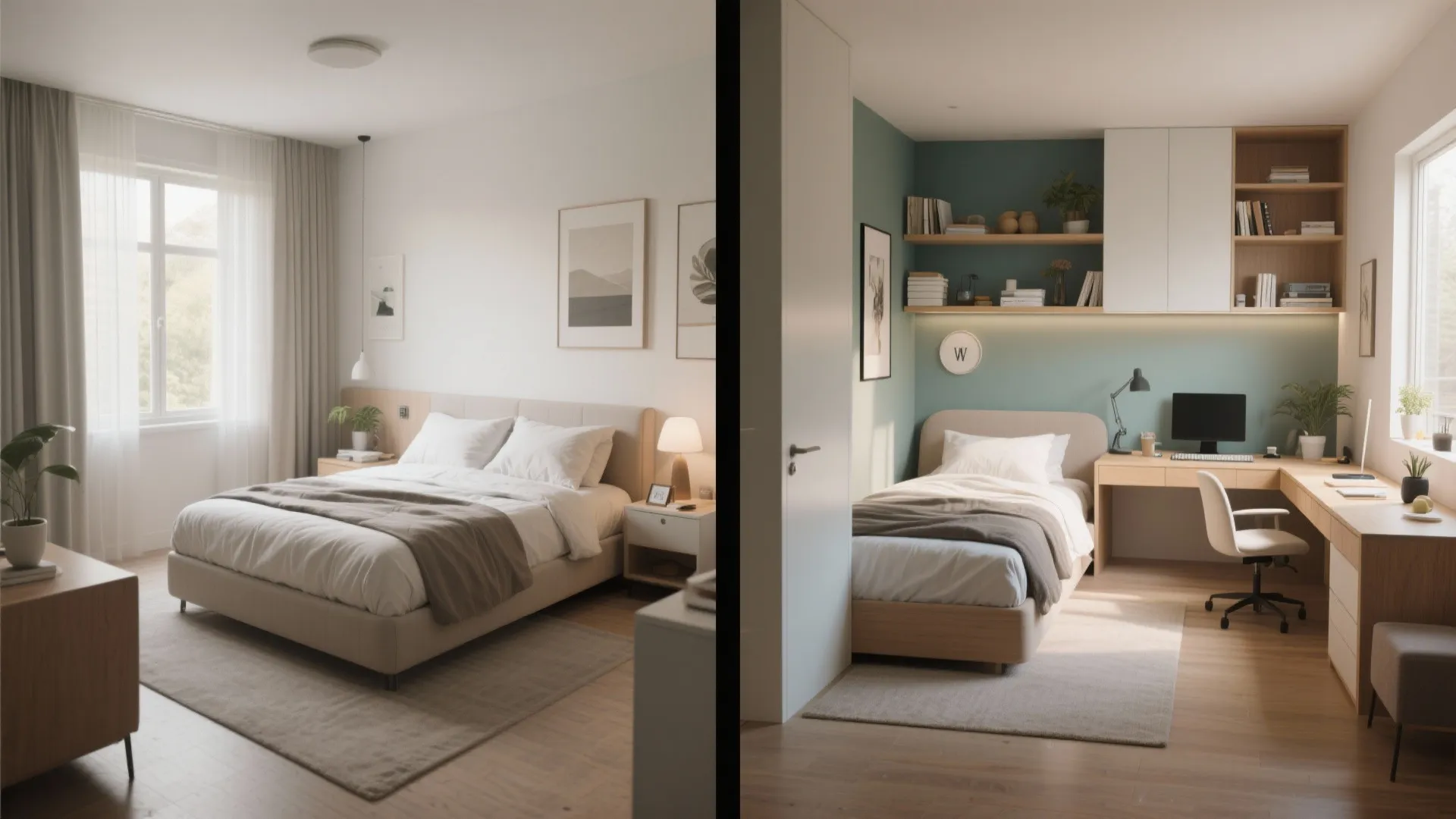 Comparison of a master bedroom versus a small bedroom with a desk and wall shelves