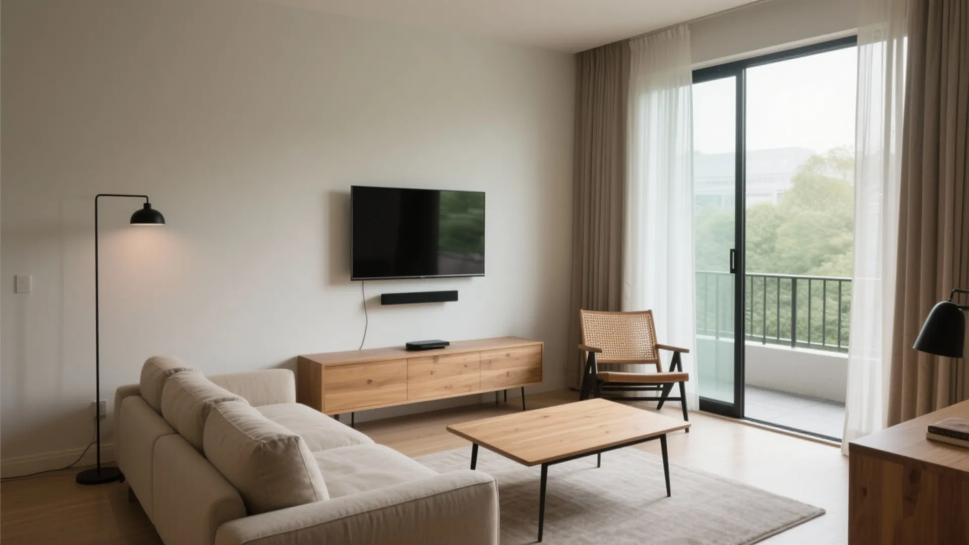 Modern living room with beige sofa wooden coffee table wall mounted television and sliding doors