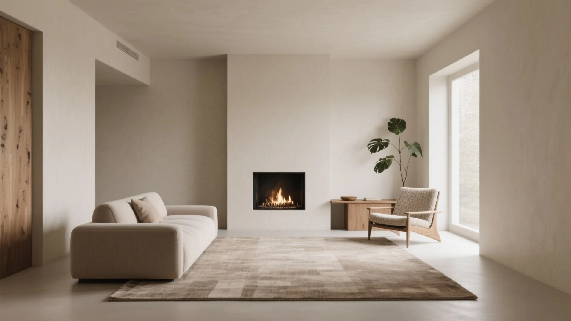 Minimalist beige living room design with white sofa, fireplace, wooden chair, large rug, and plant