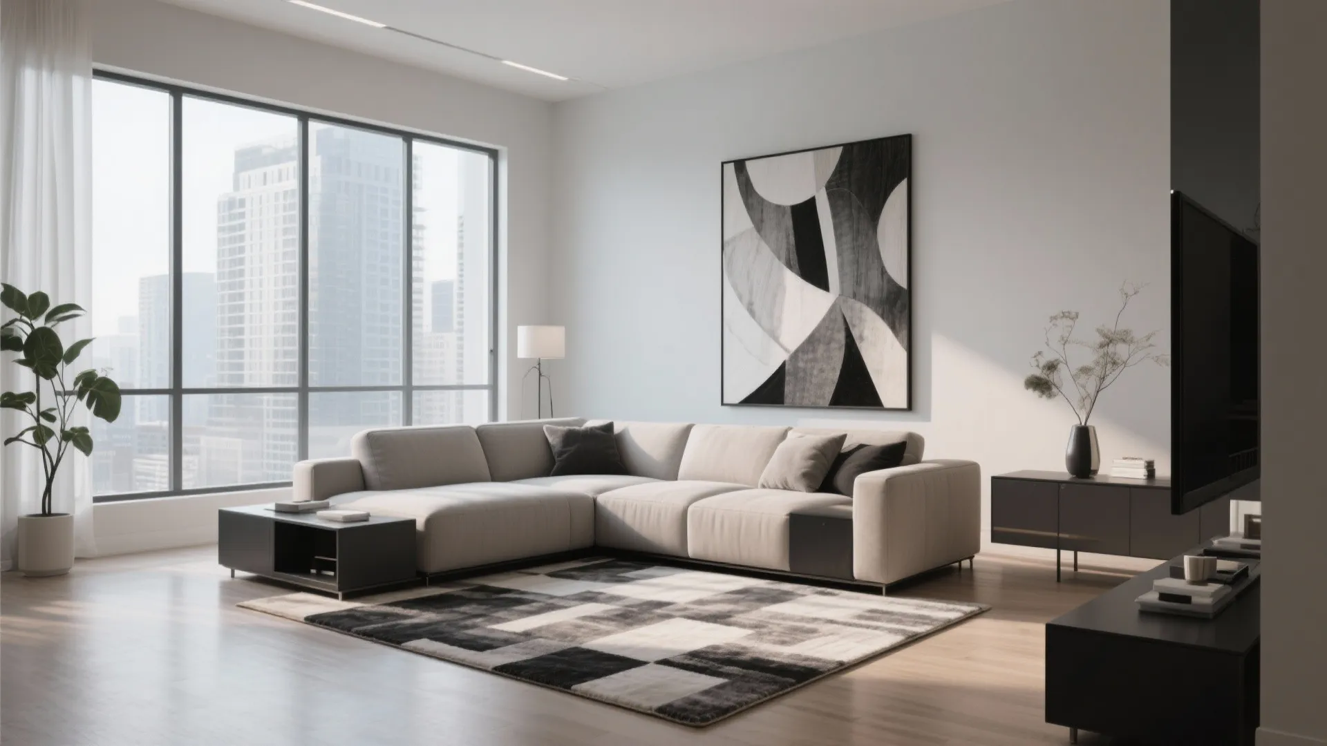 Modern living room with a grey sofa large window abstract wall art and patterned rug