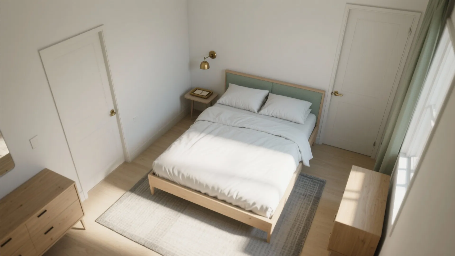 Top-down view of off-center queen bed layout showing one wide aisle, low-profile frame, and wall-mounted lighting.