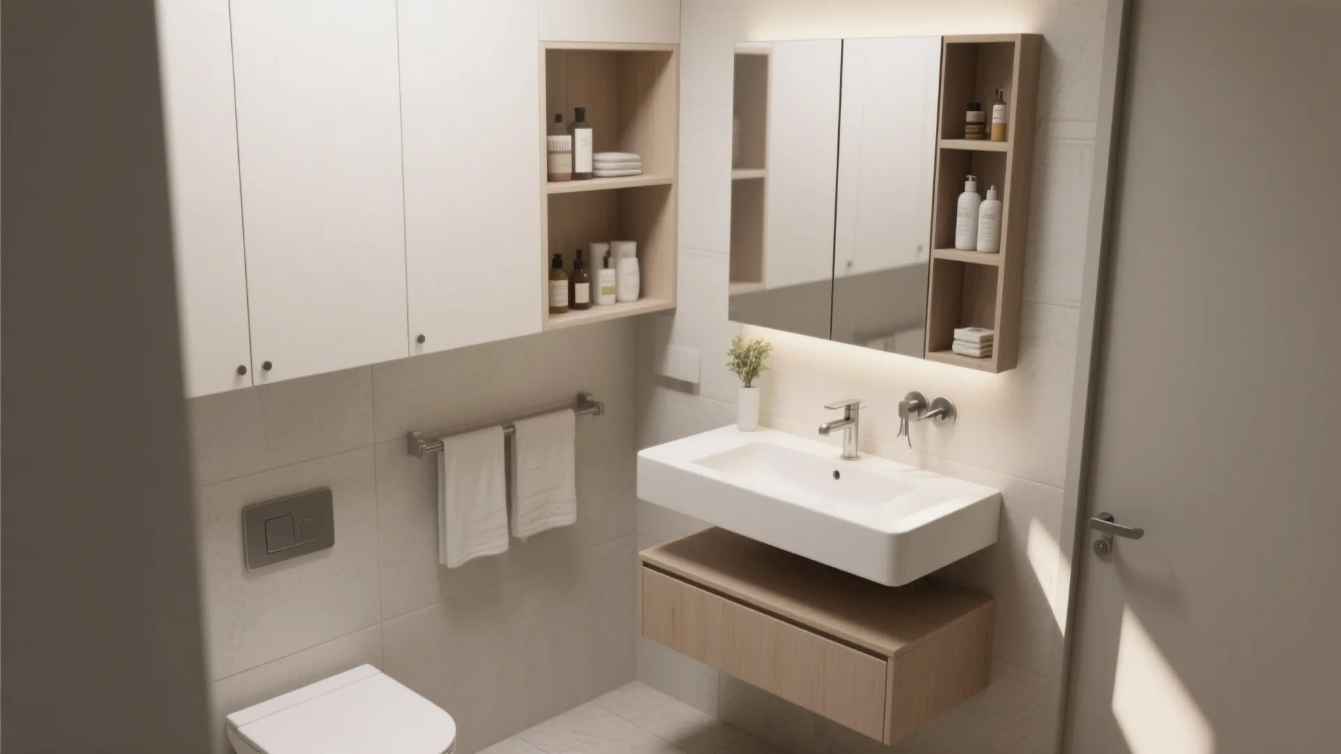 Modern bathroom featuring white sink cabinet wall mounted toilet and wooden shelves for smart storage solutions