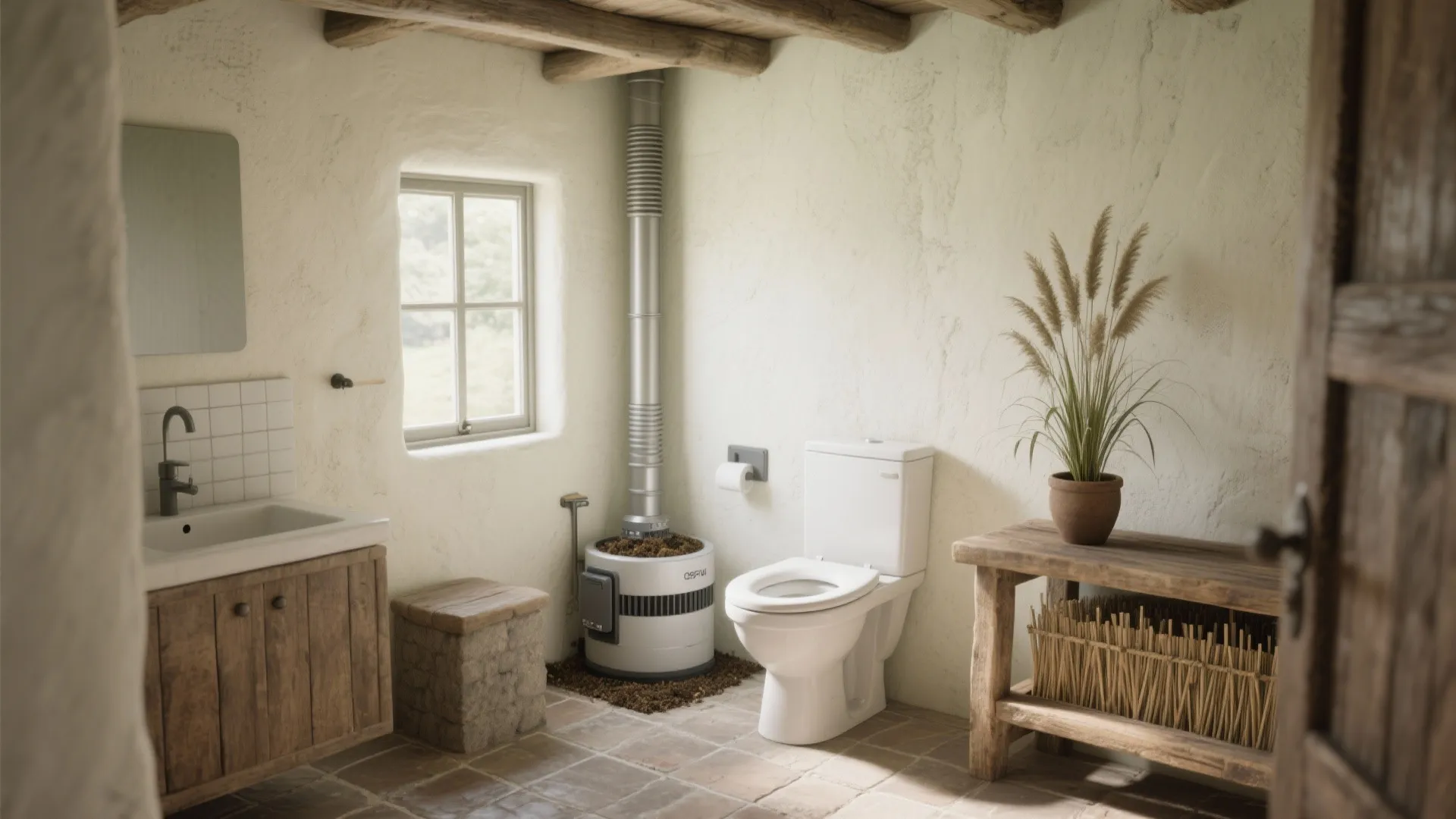 Rustic bathroom interior with white toilet wooden cabinet sink window and stone floor in farmhouse style