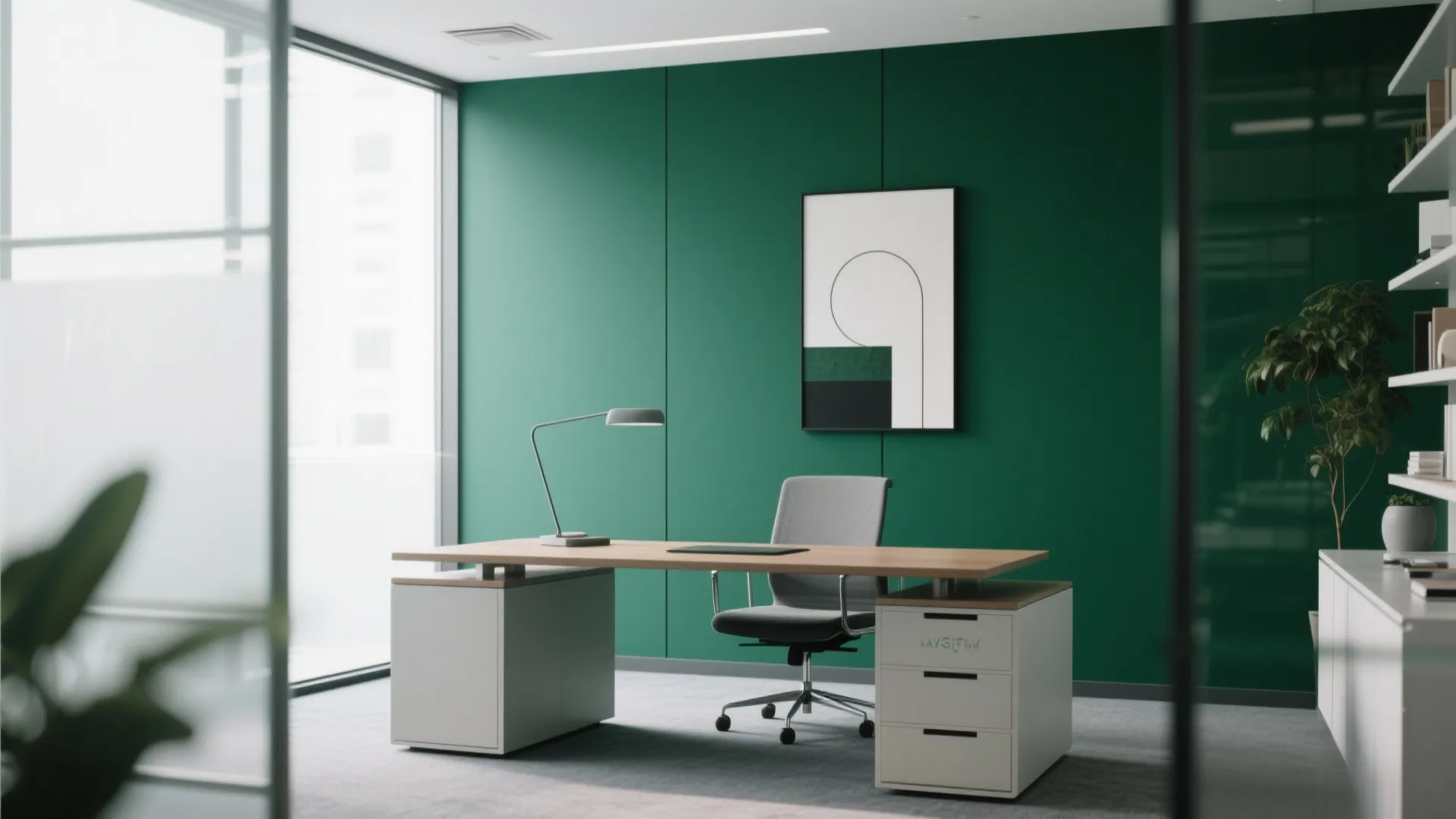 Office with a deep green accent wall and modern furniture