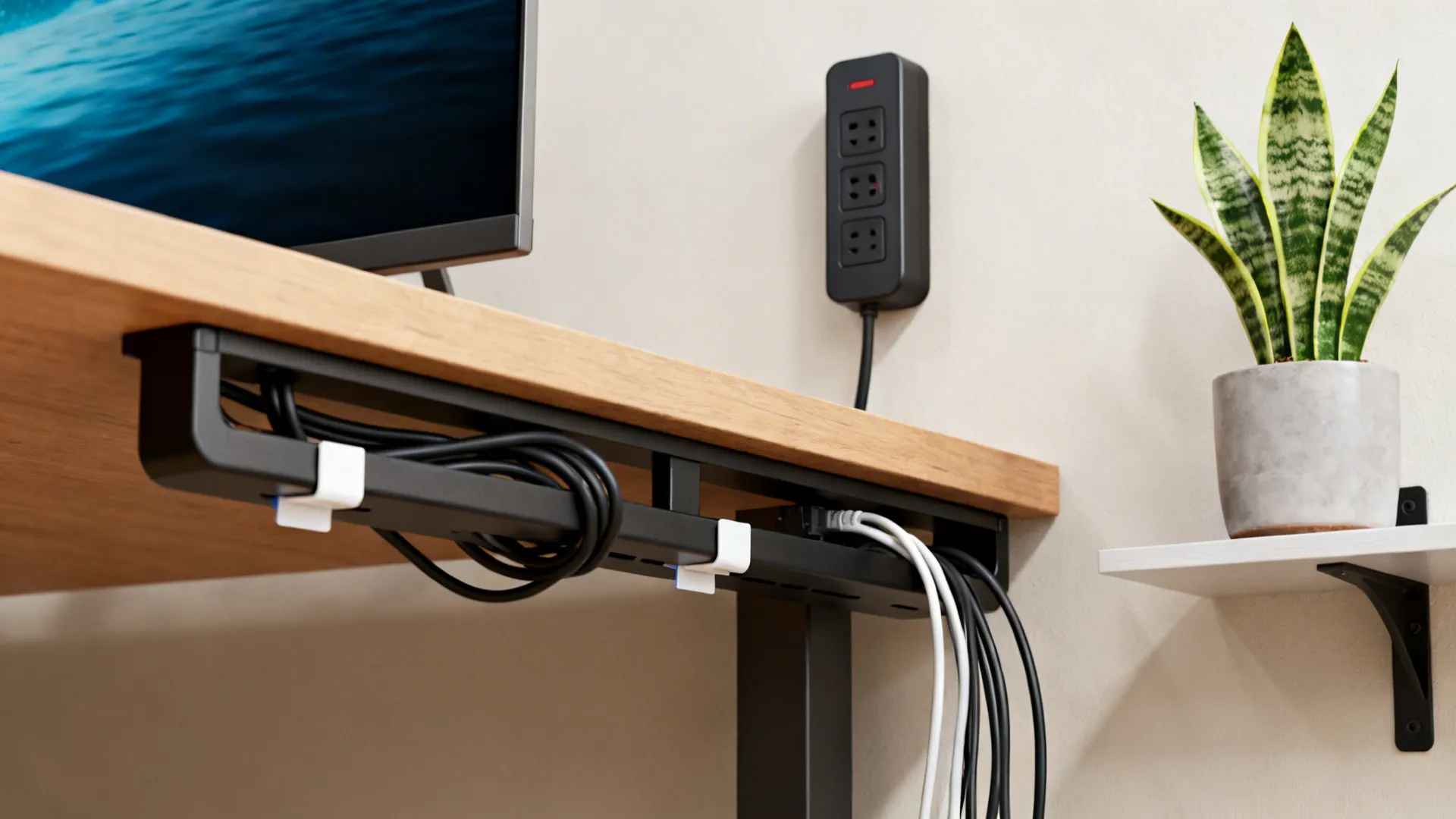 Close-up of cable management solutions and a small plant in a compact office.