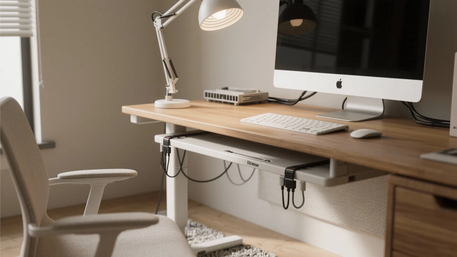 Close-up of task lamp, cable tray with labeled cords, monitor riser, and acoustic rug edge