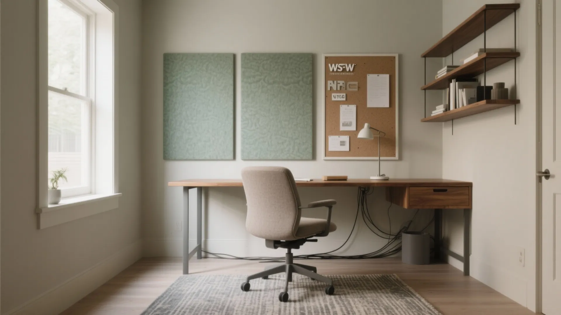 Home office with wooden desk, grey chair, wall panels, cork board, shelves, and natural light