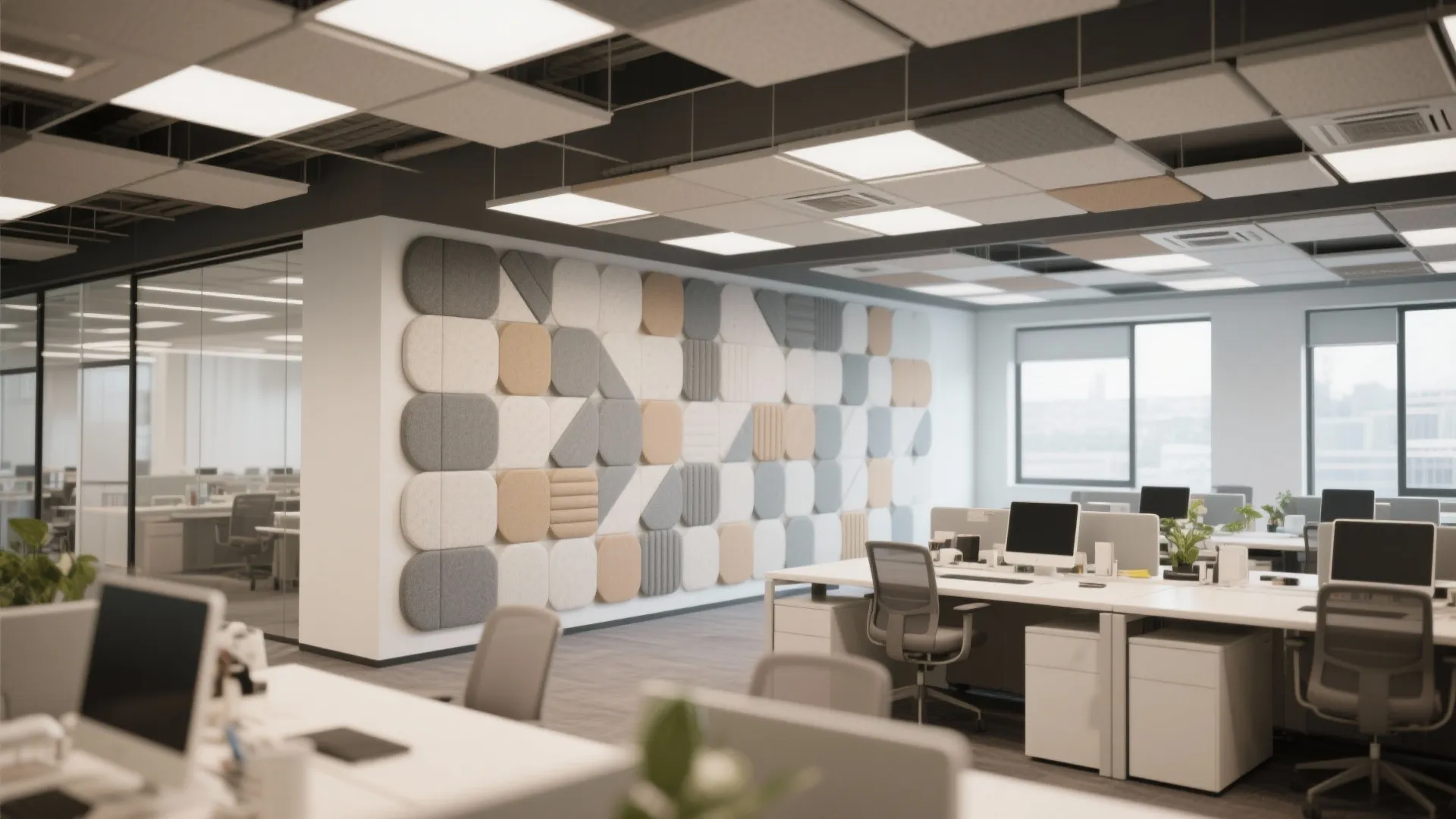 Open office with noise-reducing acoustic panels doubling as decor
