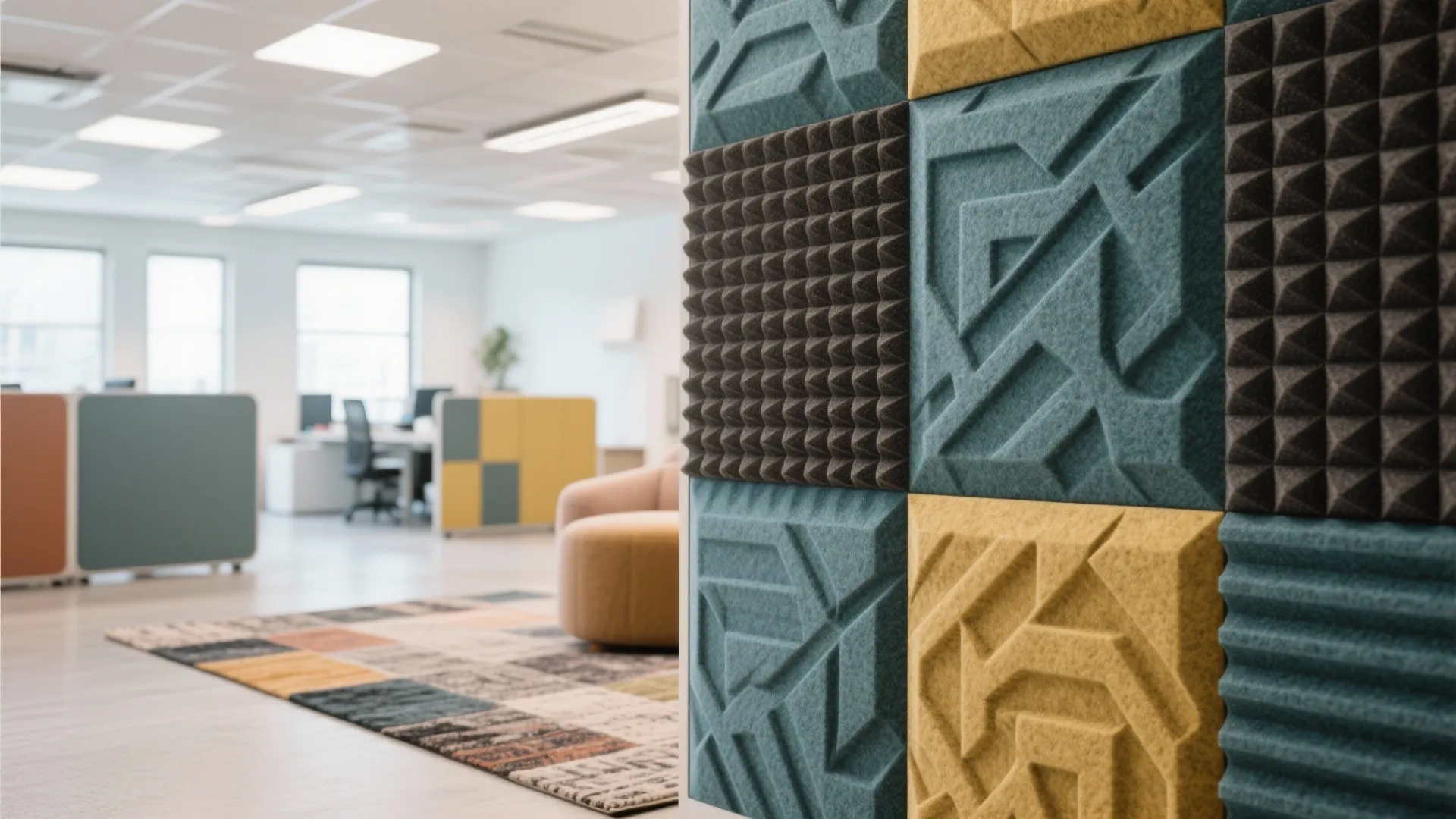 Colorful textured wall panels mounted in a bright open office with desks chairs and carpet