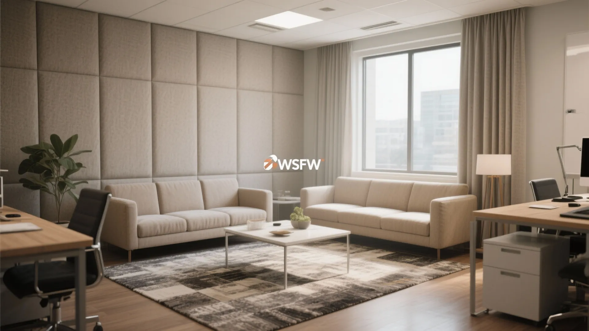 Office with curtains, rugs, and panels for sound dampening