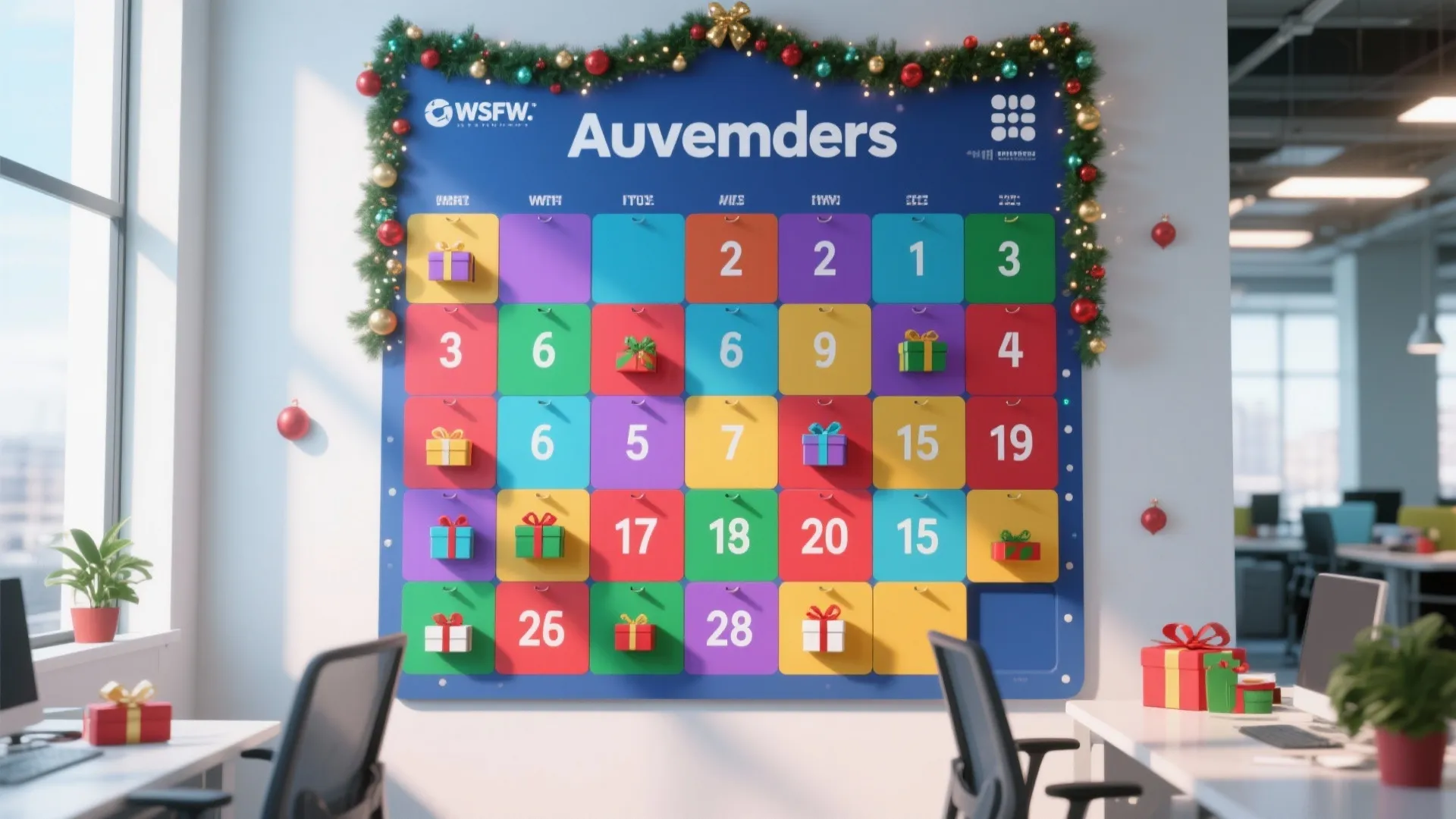 Colorful wall advent calendar in office with numbered squares and small holiday gift boxes decoration