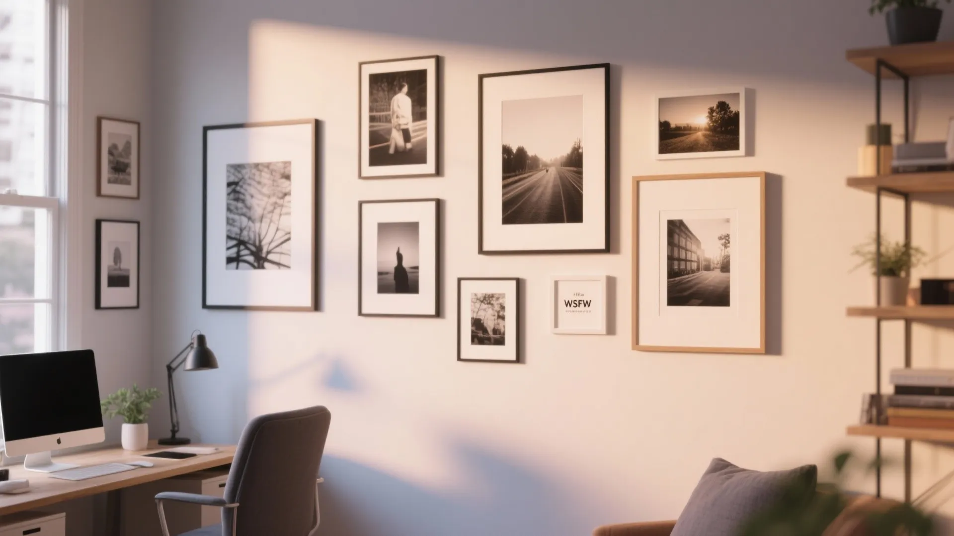Home office wall with curated art and photography