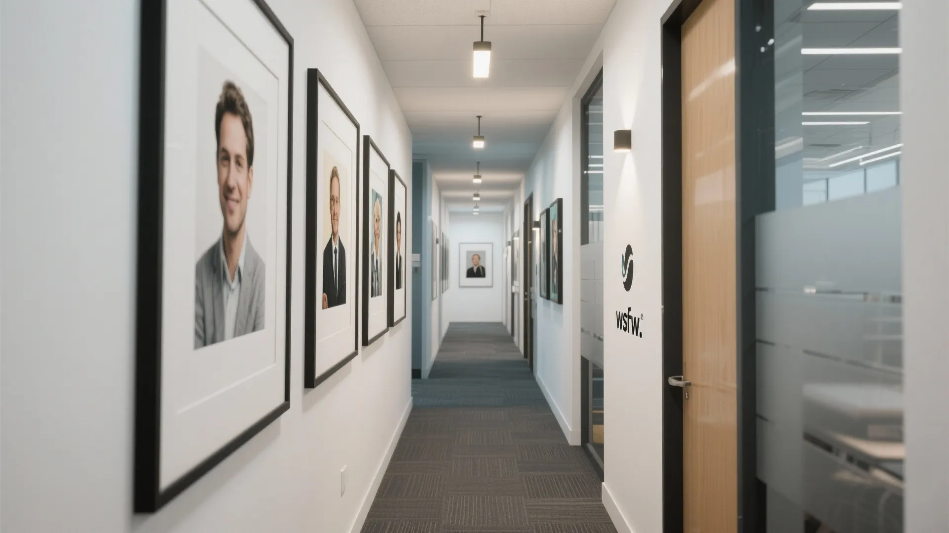 Office hallway with framed art and photography by staff