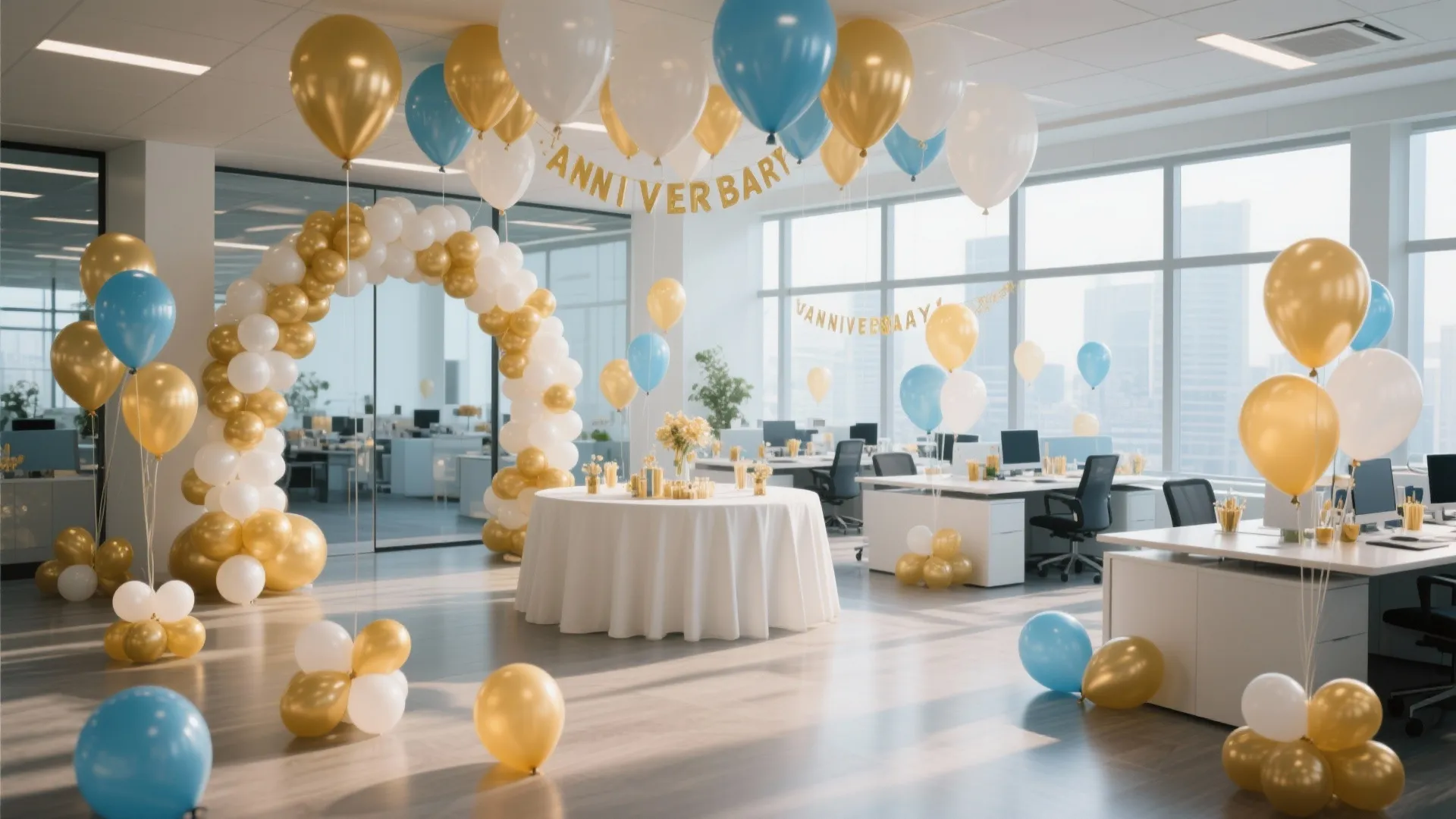 Office interior decorated with balloon arch and hanging anniversary banners for a corporate party celebration