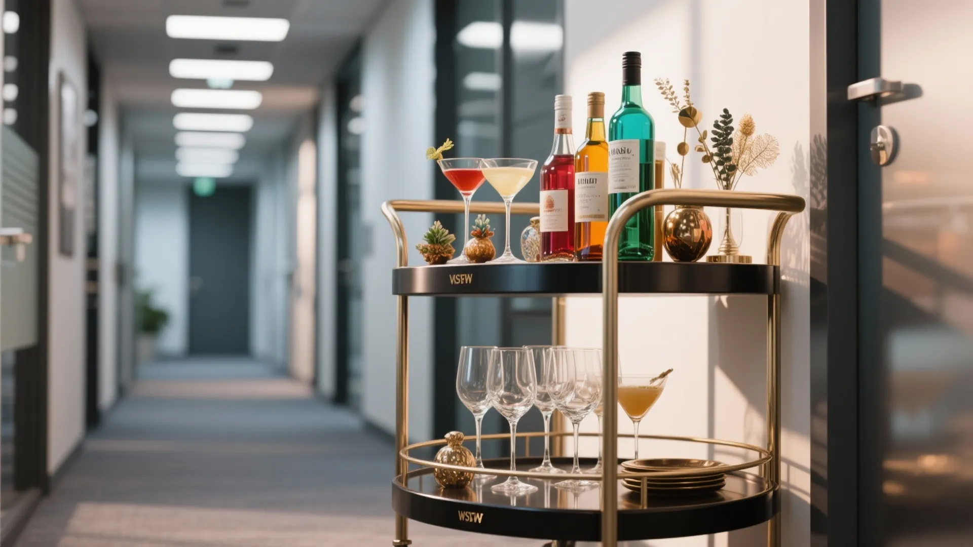 Two tier gold and black bar cart holding glass bottles and drinking cups in hallway