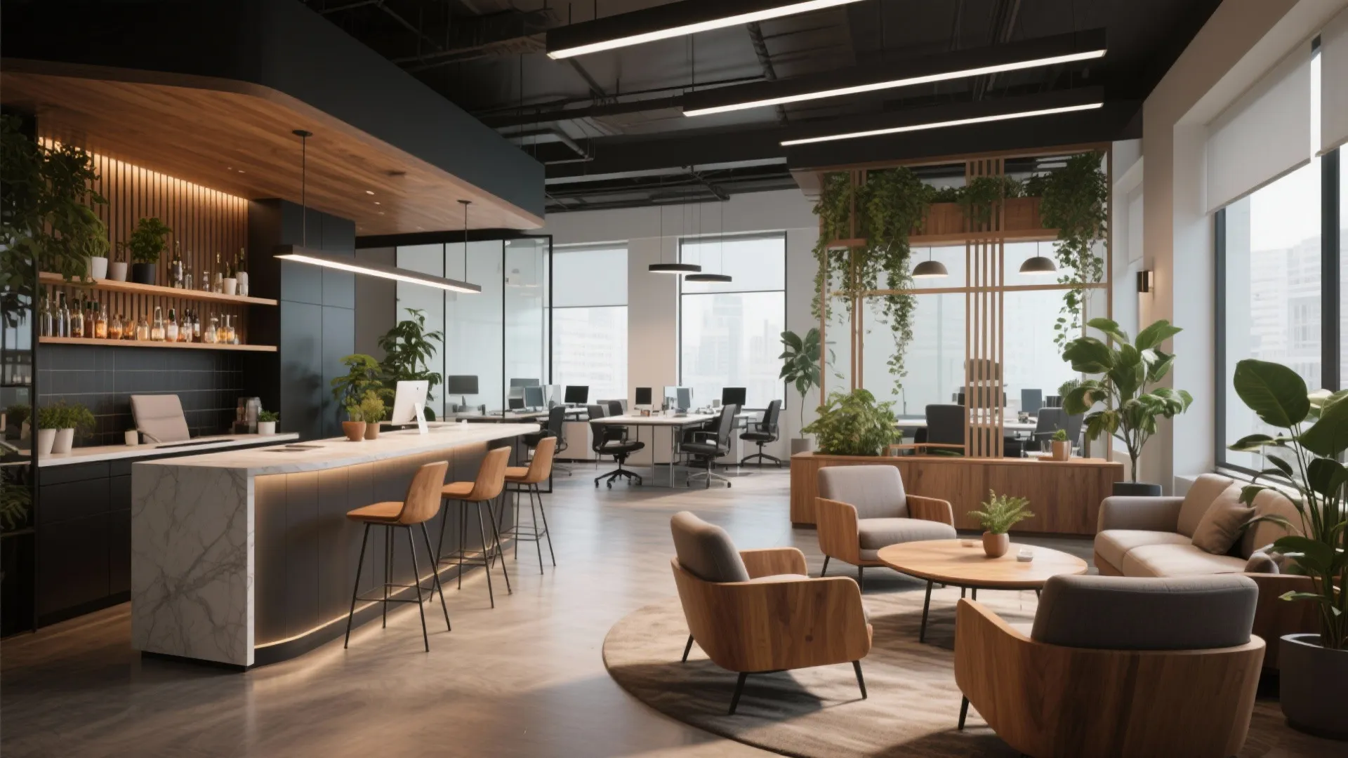 Modern office lounge with marble bar counter wooden stools comfortable chairs plants and professional desk areas