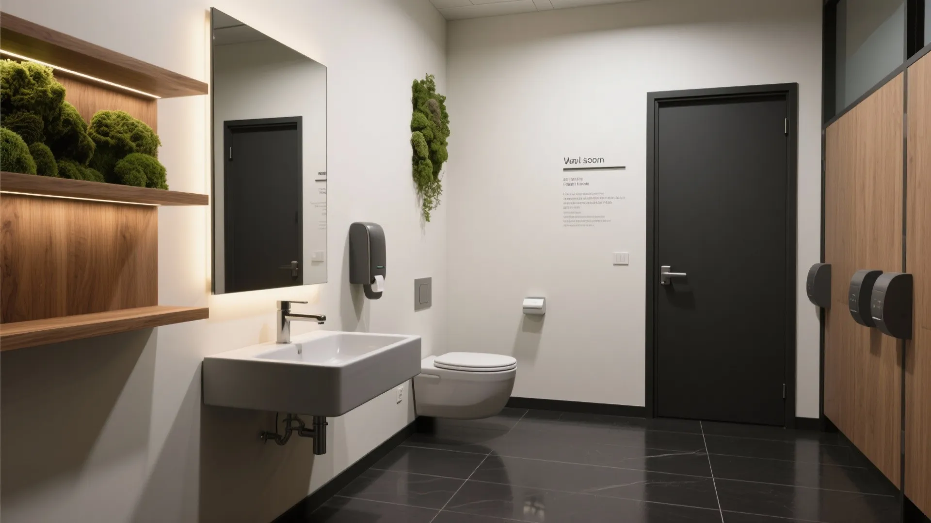 Modern office bathroom with white sink, toilet, black door, green wall plants, and dark floor