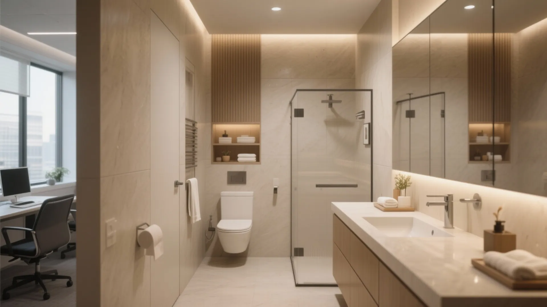 Modern office bathroom with glass shower, white toilet, wooden cabinet, marble walls and warm lighting